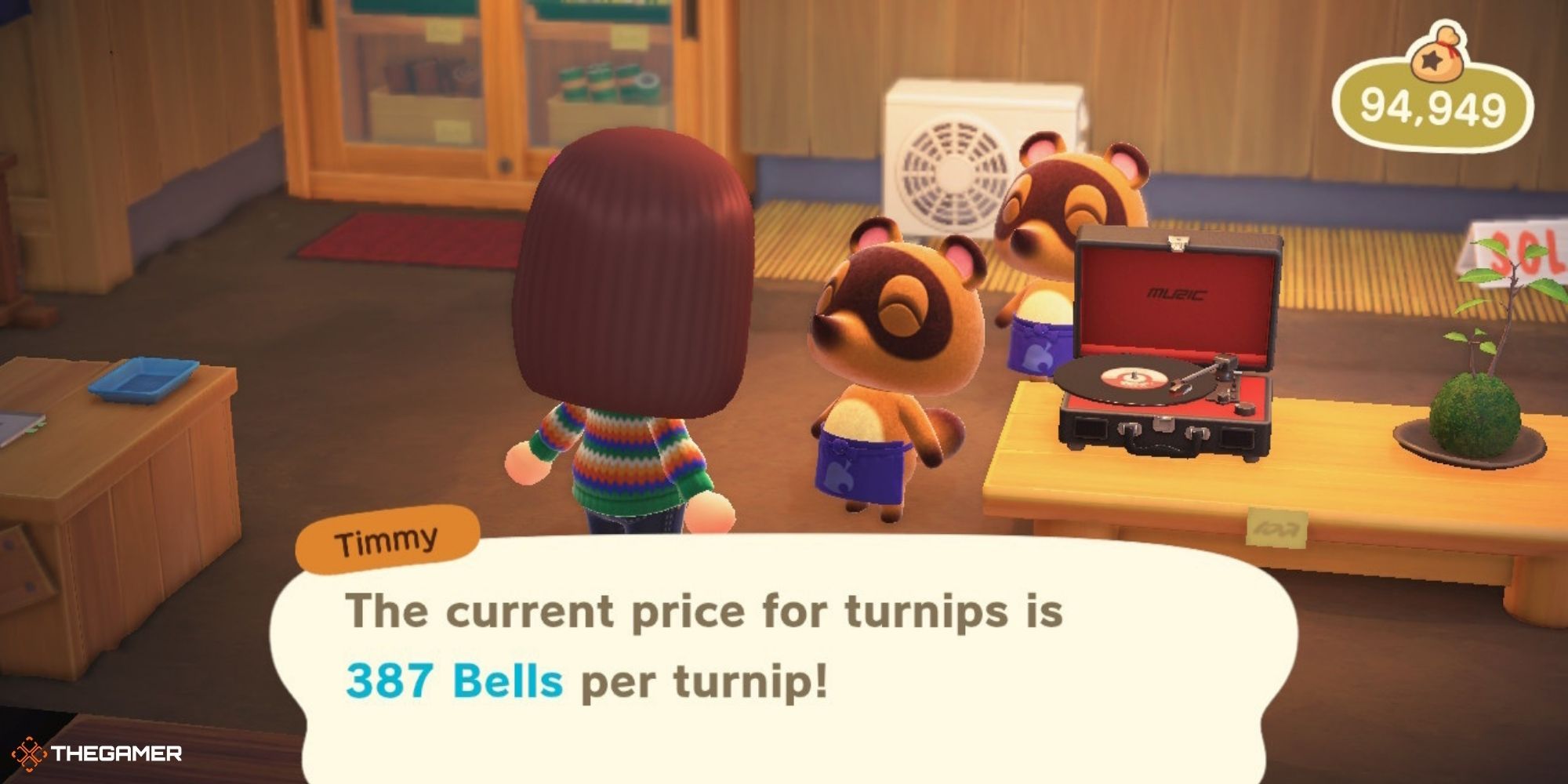 Animal Crossing New Horizons - player talking to Timmy in Nook's Cranny about turnips