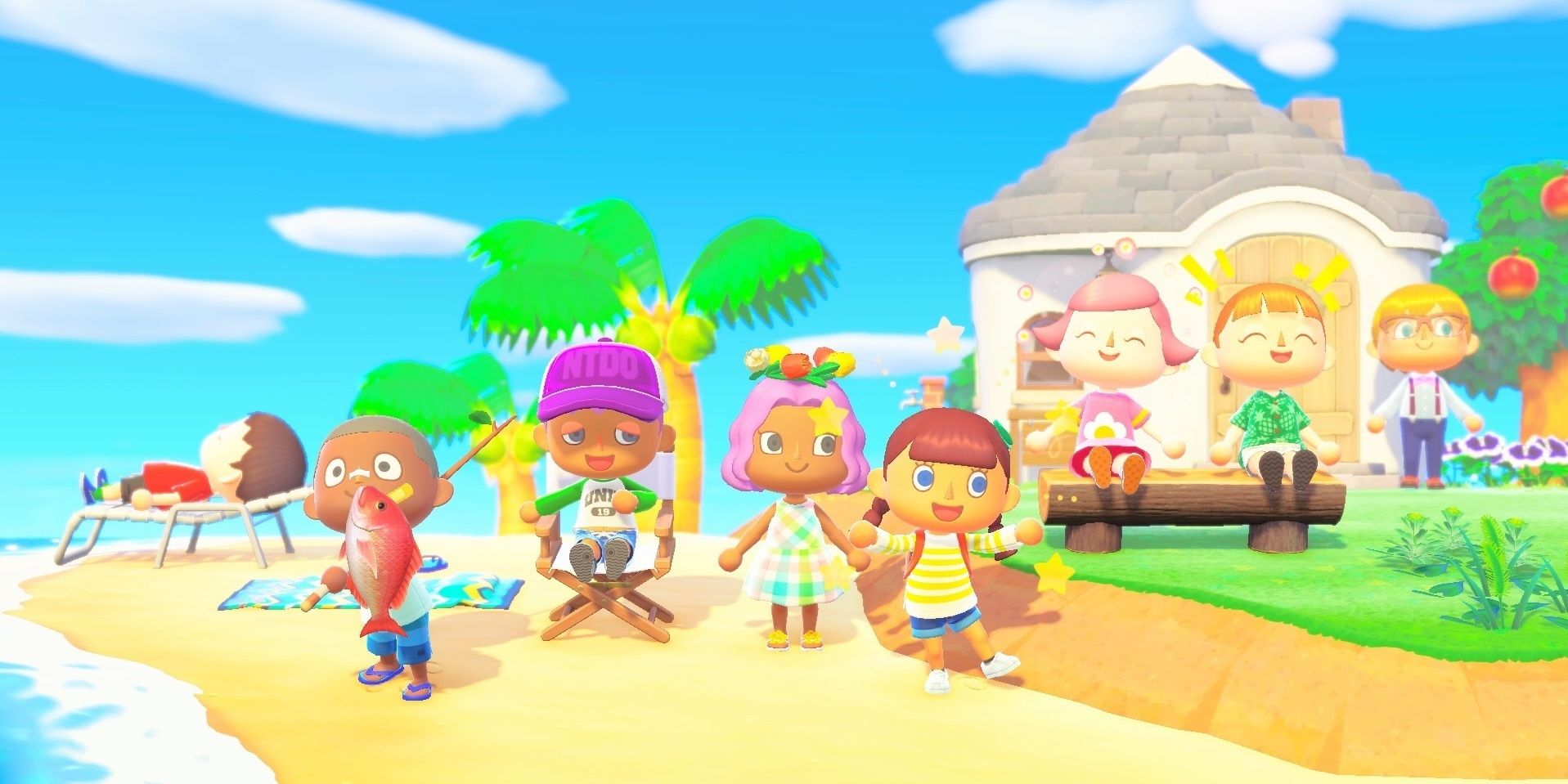 Eight players hanging out in Animal Crossing New Horizons