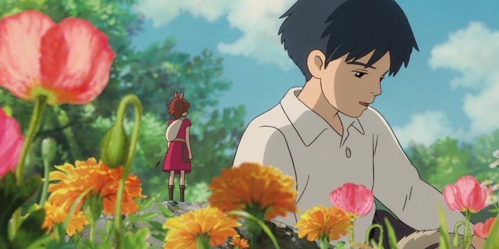 A screenshot of Arrietty among flowers, looking at Sho.