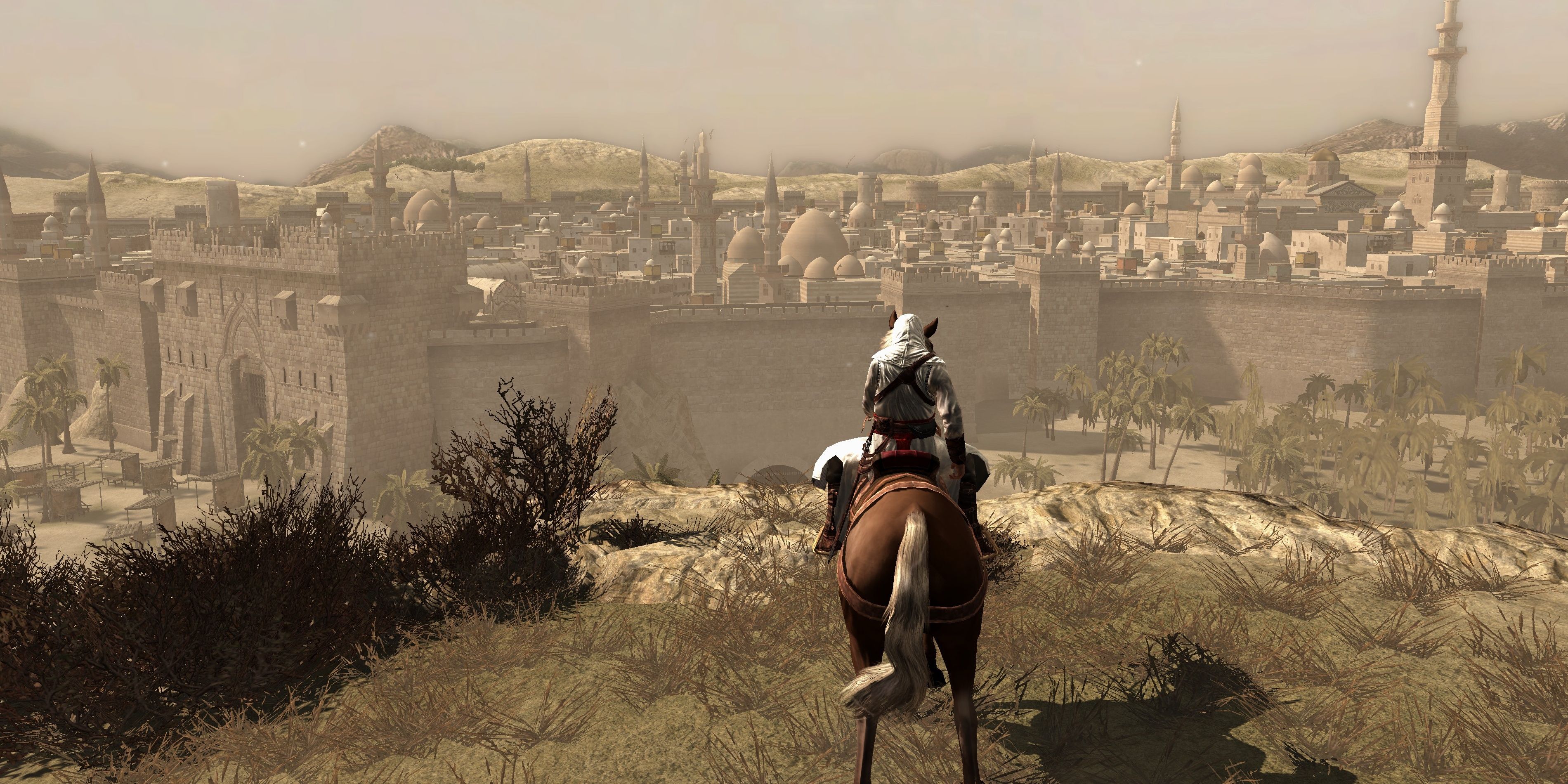 Assassin's Creed No HUD showing Altair approaching a large city