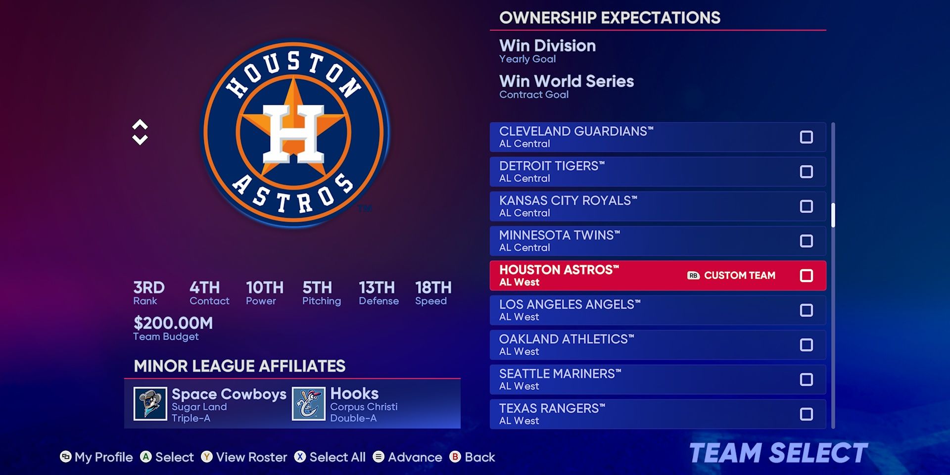 Houston Astros Franchise Mode Team Select