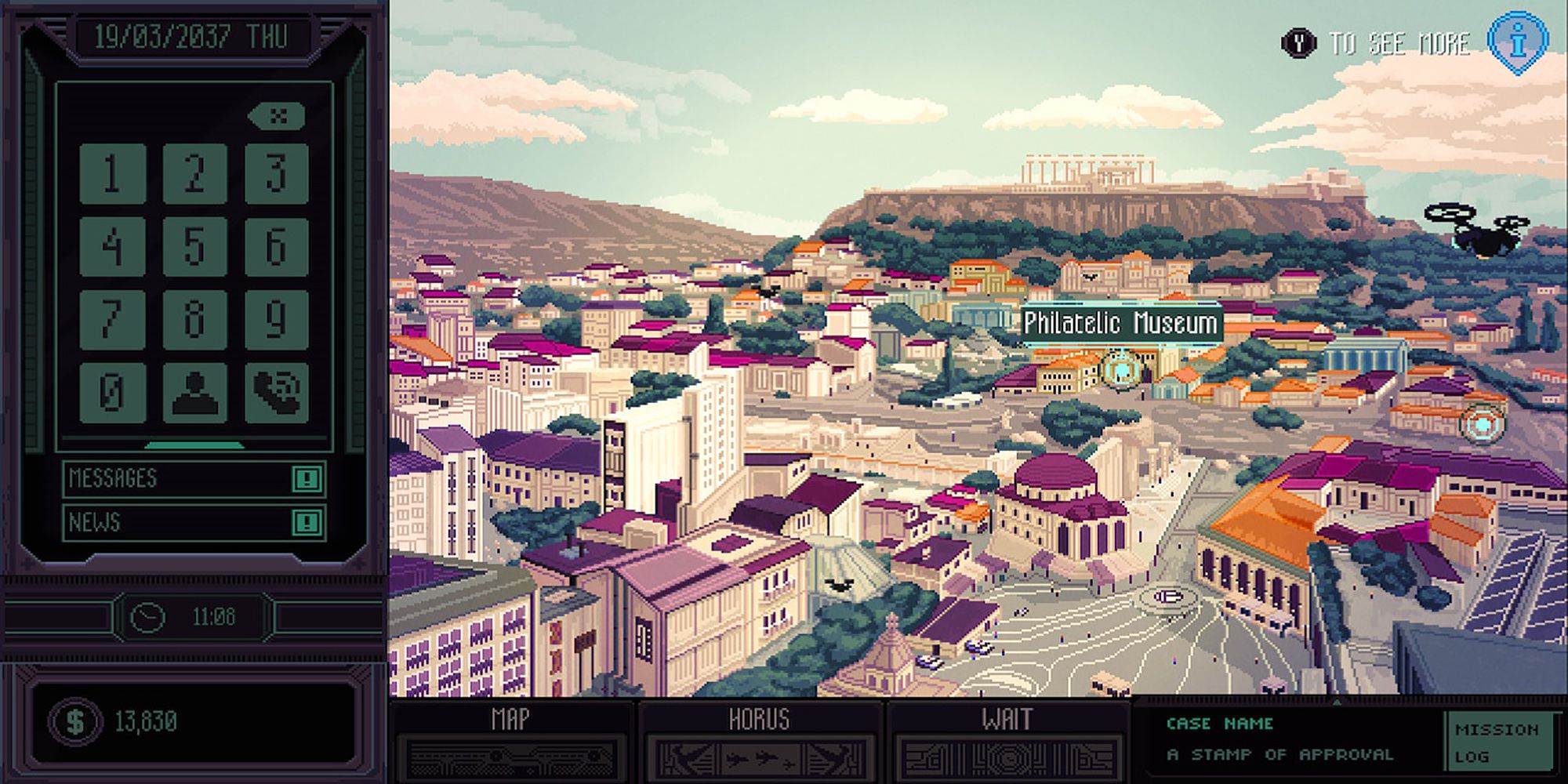 A sunny day in the city of Athens, captured in Chinatown Detective Agency.