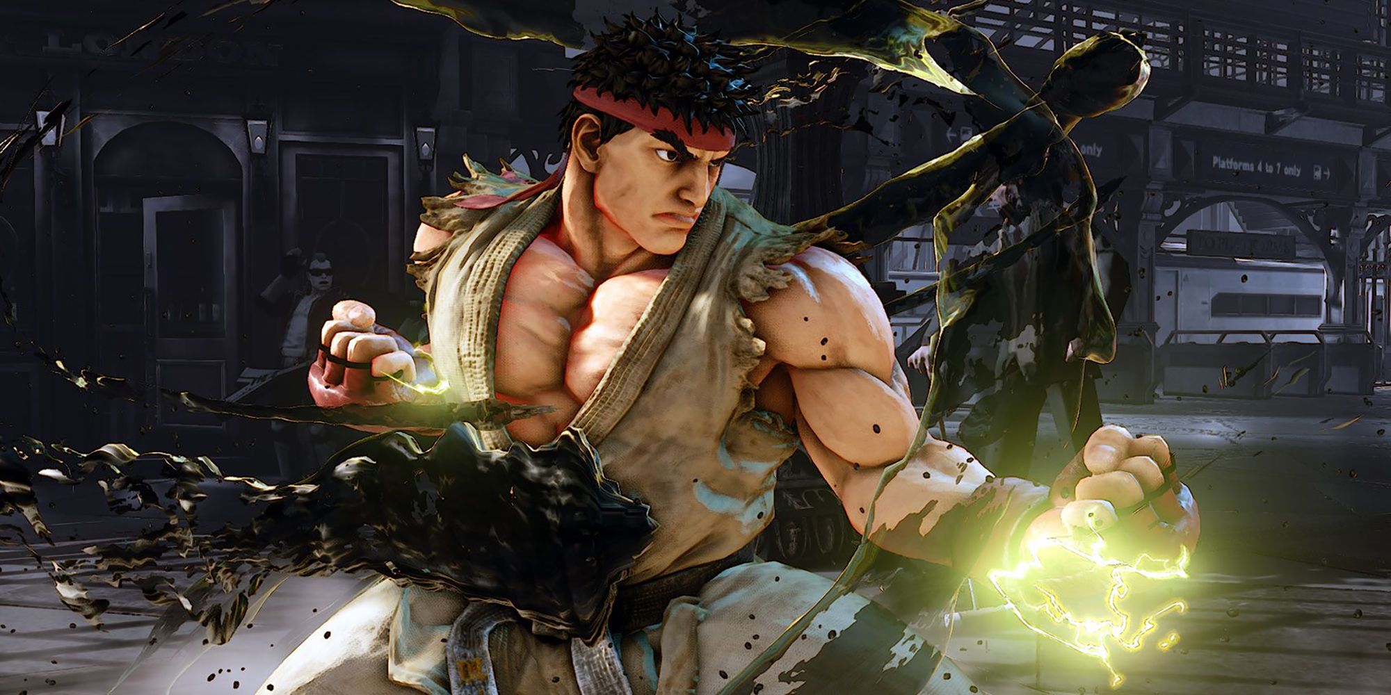 Ryu gets ready to strike in a battle at the Union Station in Street Fighter 5.