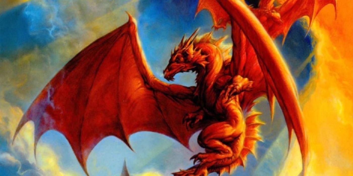 A large golden dragon from the Dragonlance D&D setting flies through the sky