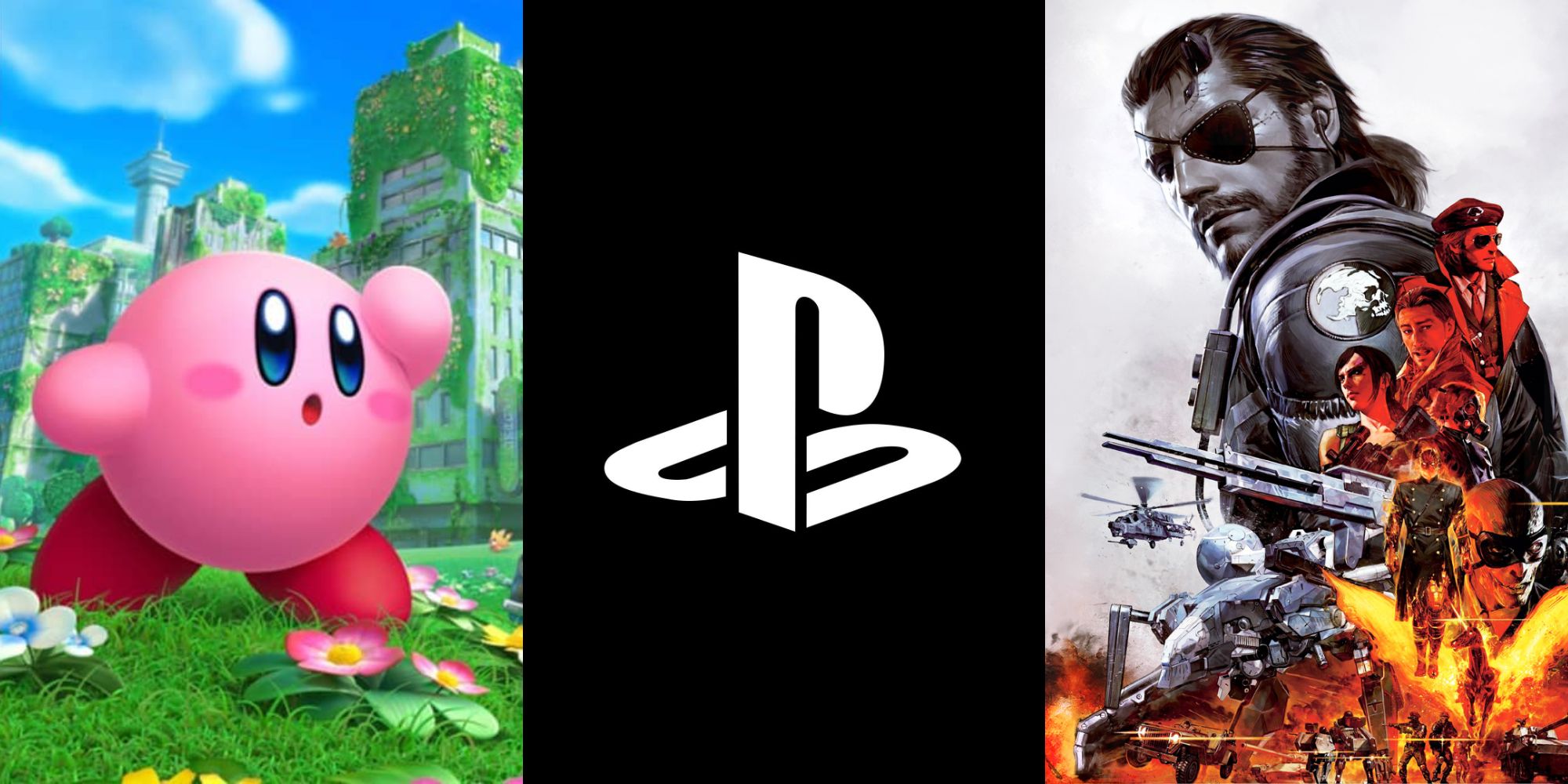 Kirby, a PlayStation logo, and characters from Metal Gear Solid 5