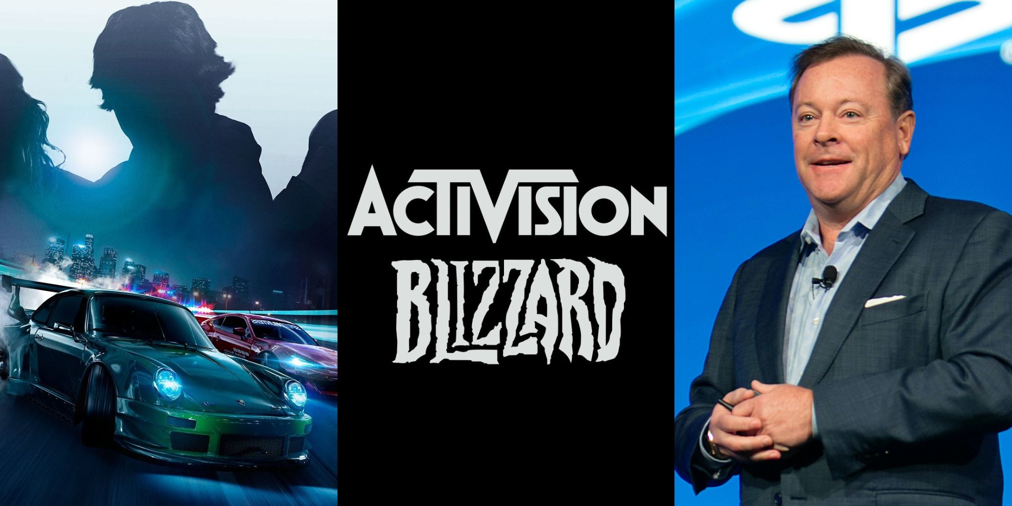 Some cars from Need for Speed, Activision Blizzard logo, and former Sony boss Jack Tretton