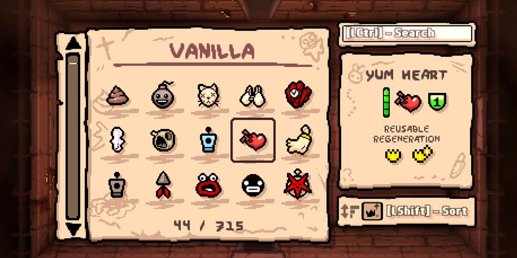 Binding of Isaac: Repentance screenshot, Encyclopedia displaying all items in Isaac