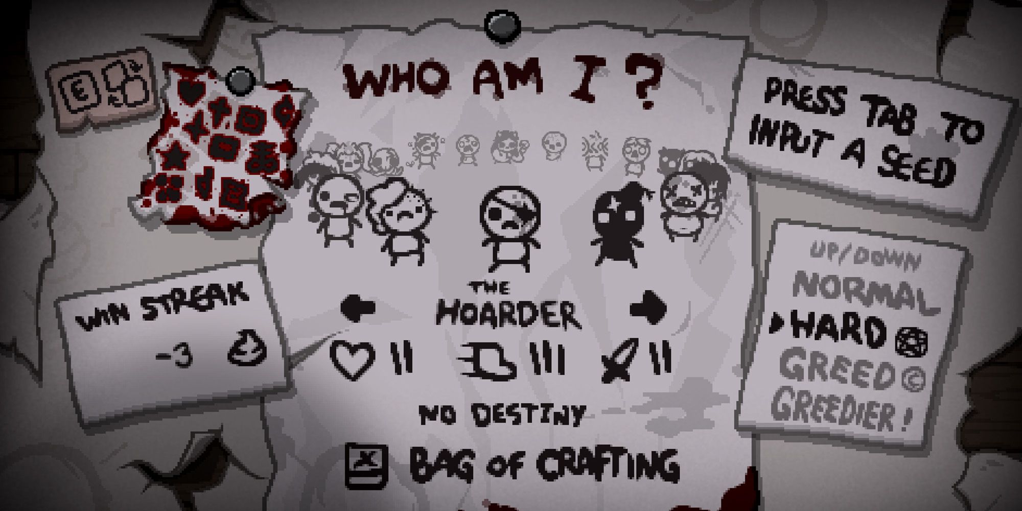 Binding of Isaac screenshot, character select screen, Tainted Cain's name replaced with The Hoarder