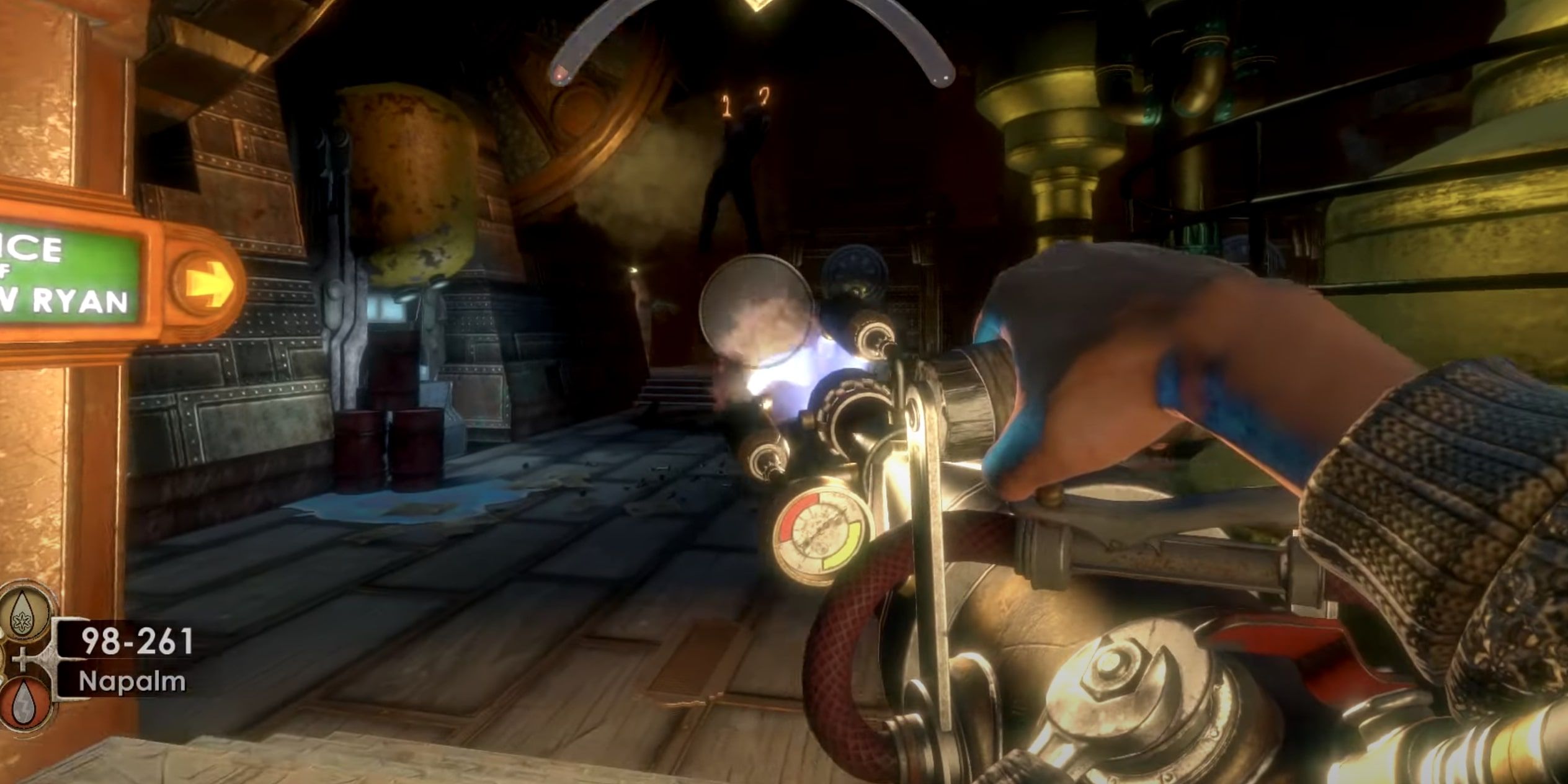 Bioshock Gameplay Still of Jack attacking Splicer with Chemical Thrower