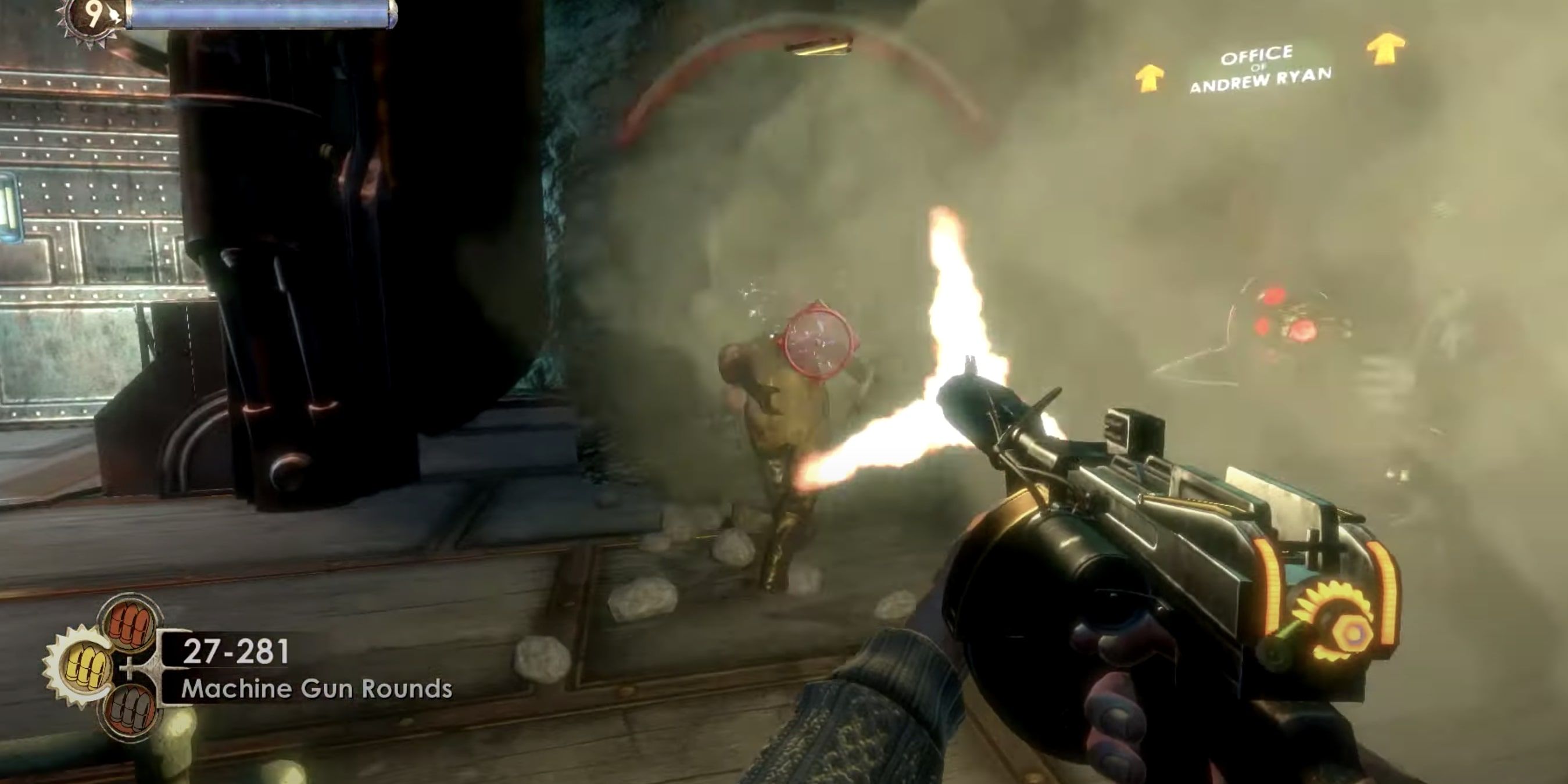 Bioshock Gameplay Still of Jack Shooting Splicer with Machine Gun