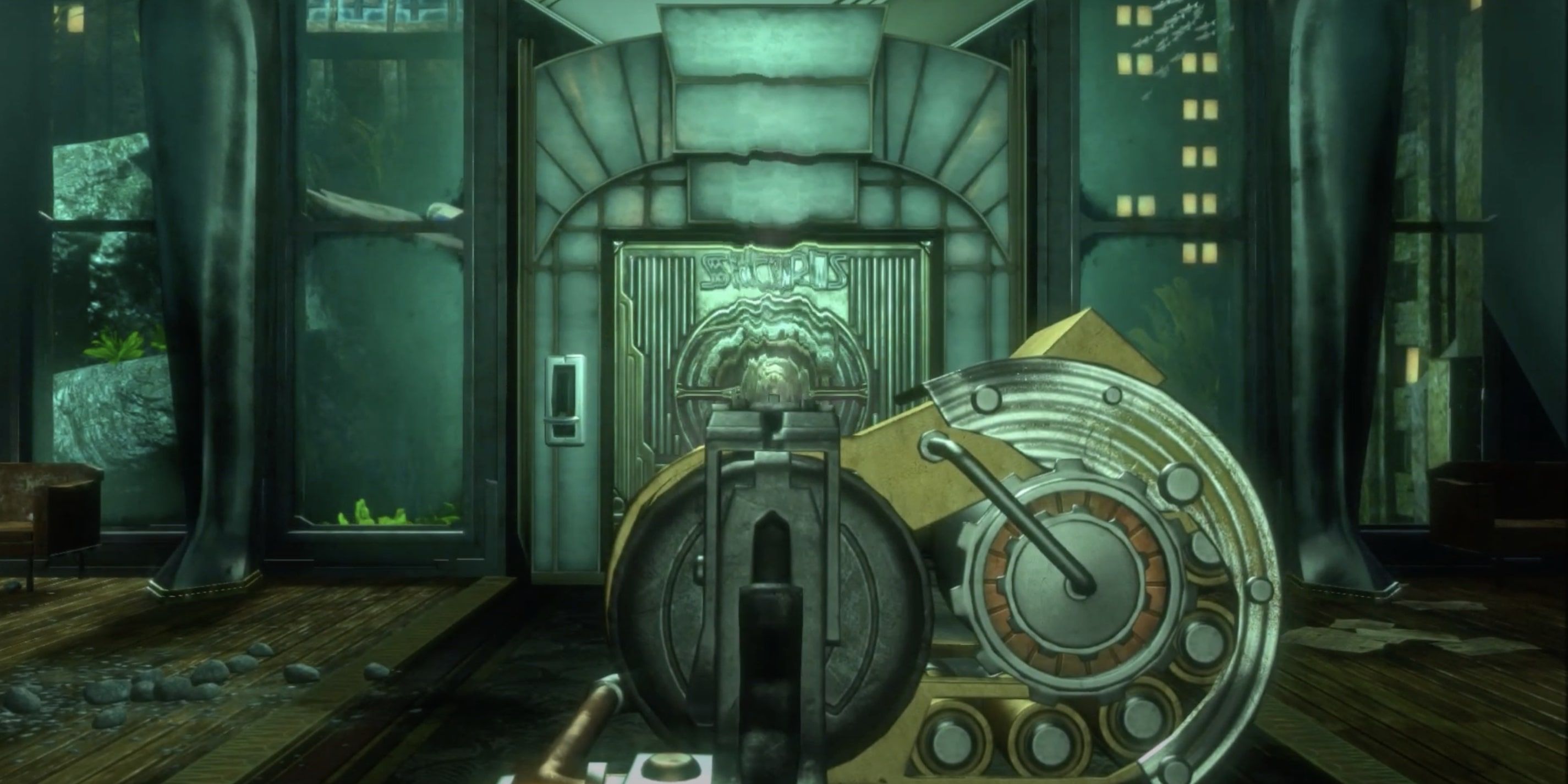 Bioshock Gameplay Still of Jack Aiming Down the Sights of The Pistol