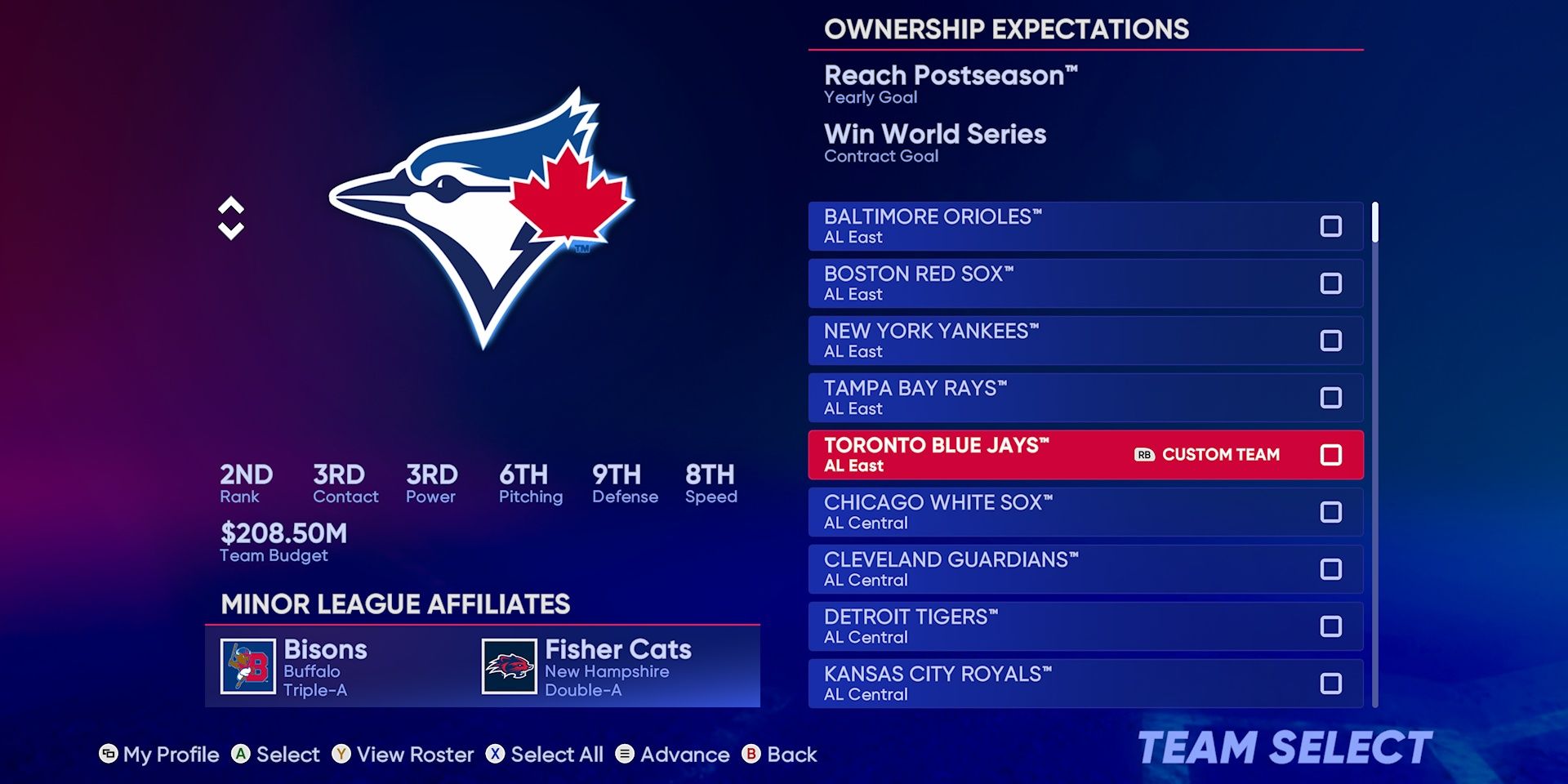 Toronto Blue Jays Franchise Mode Team Select