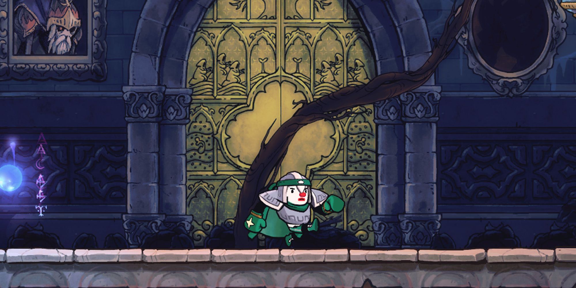 Rogue Legacy 2 screenshot of Boxer with clown makeup running in front of the Golden Gates