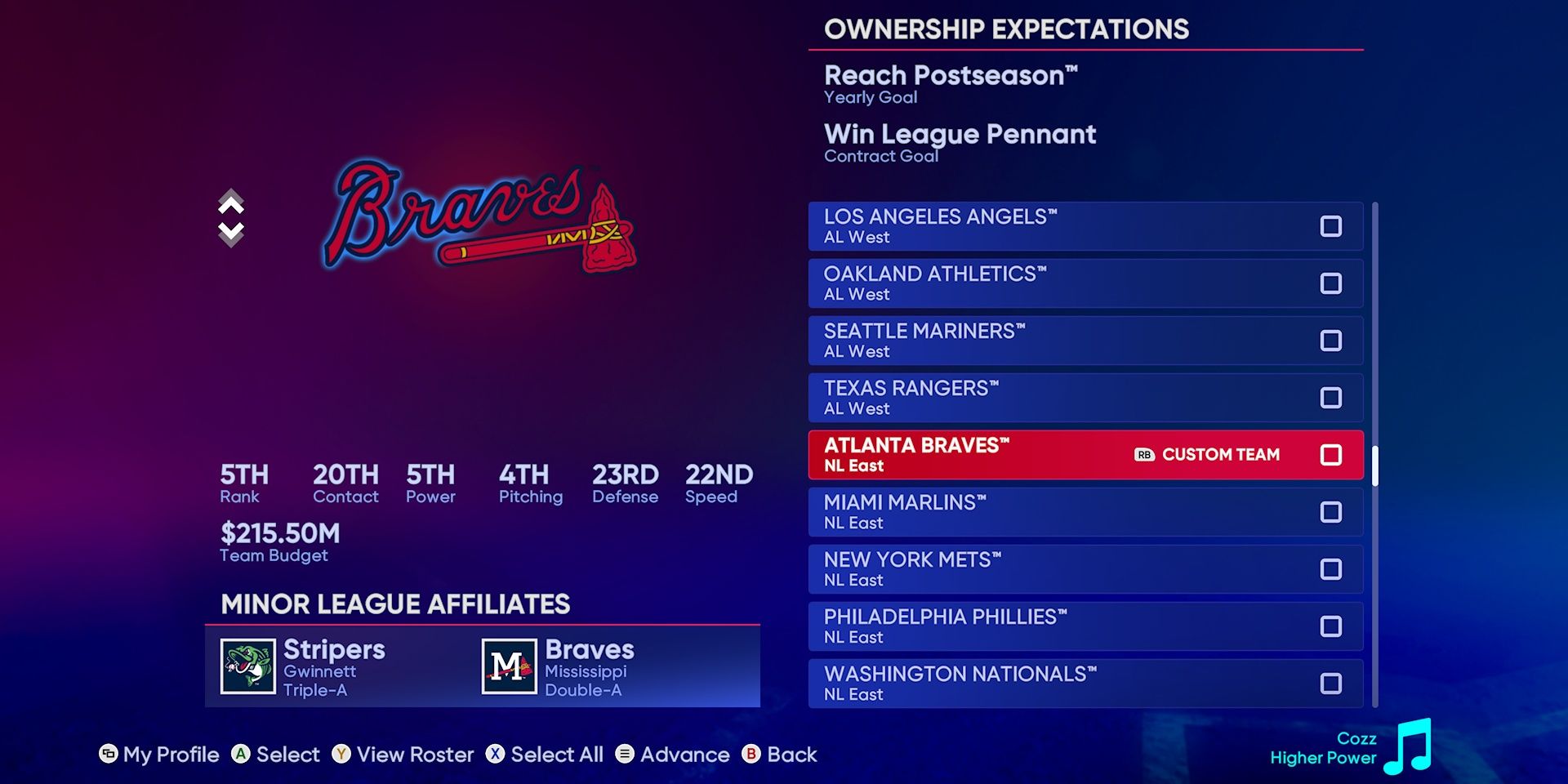 Atlanta Braves Franchise Mode Team Select