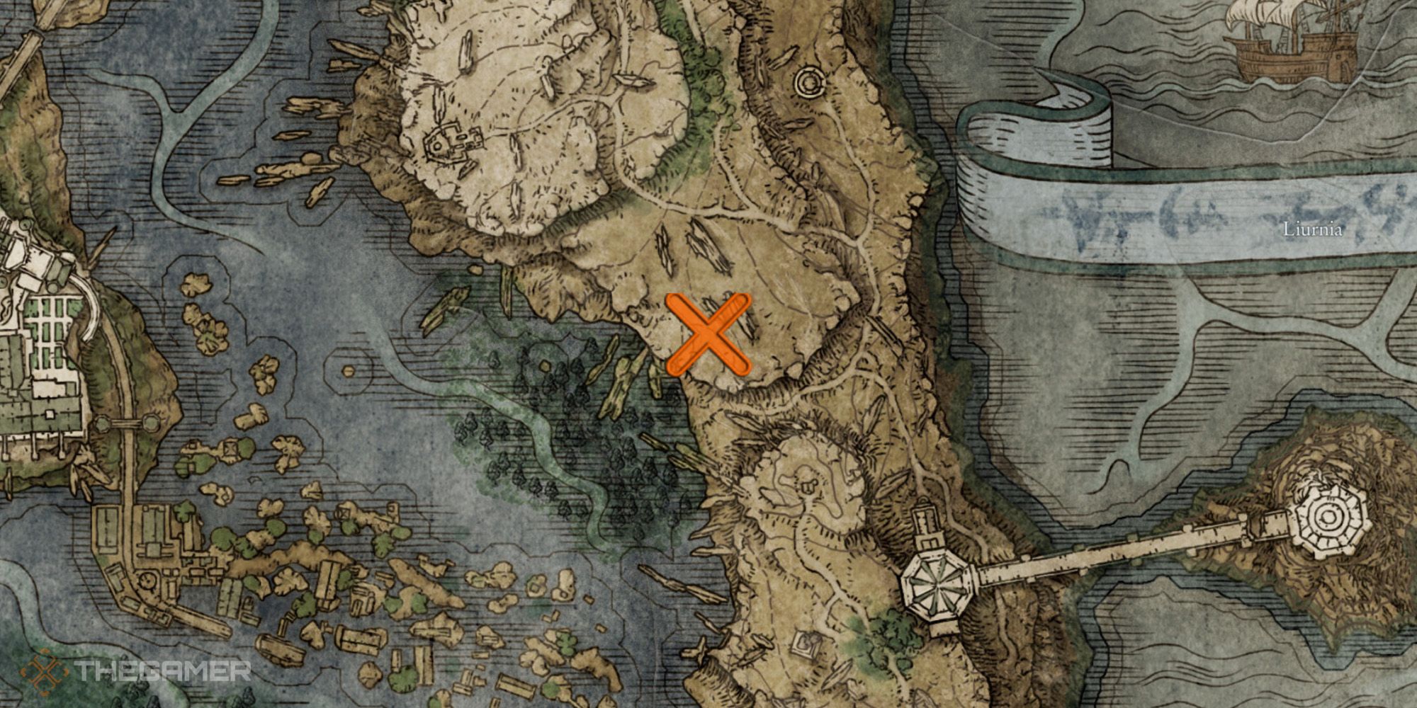 Map showing the location of the Briars of Sin Sorcery in Elden Ring