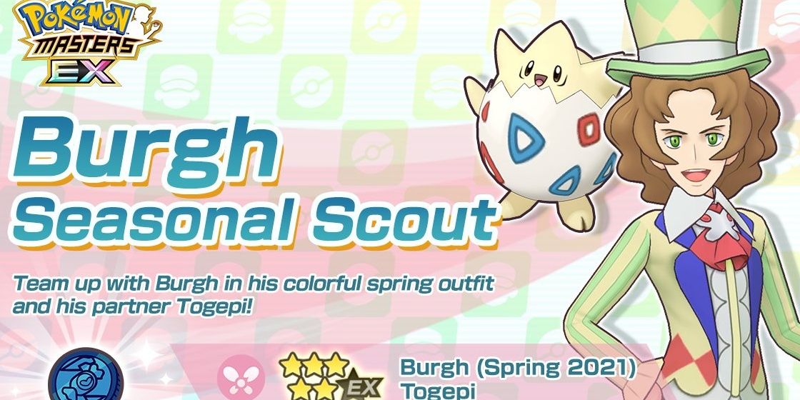 Burgh & Togepi from Pokemon Masters EX pose with smiles on their banner.