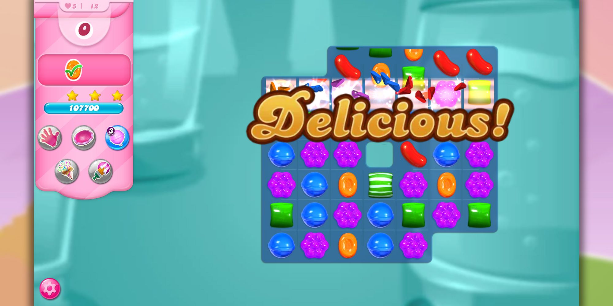 A deep-voiced narrator praises a high combo with the word, "Delicious!", after a successful round of Candy Crush Saga.