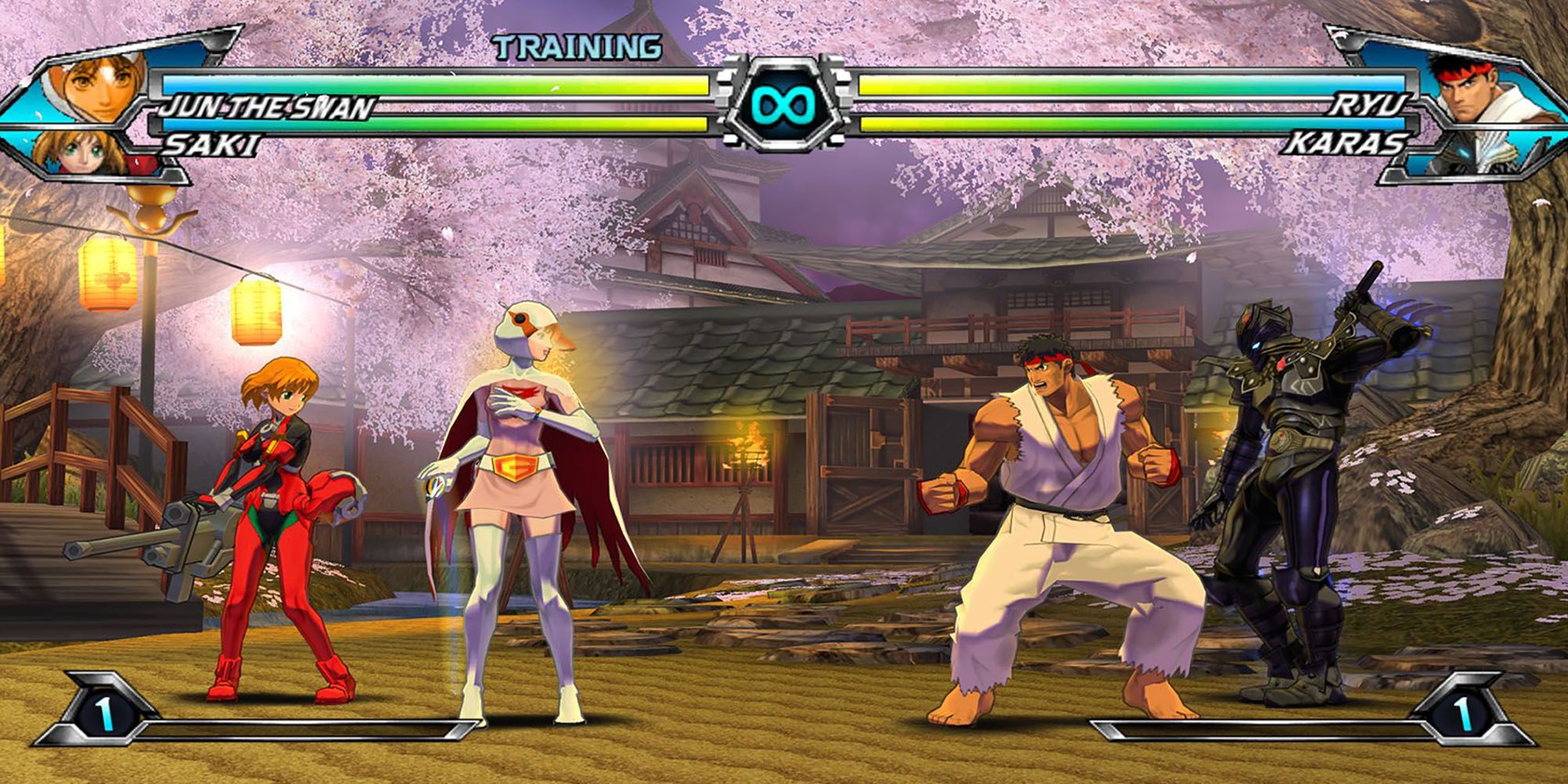 Jun The Swan faces off against Ryu in a battle near a foot bridge. Tatsunoko vs Capcom.