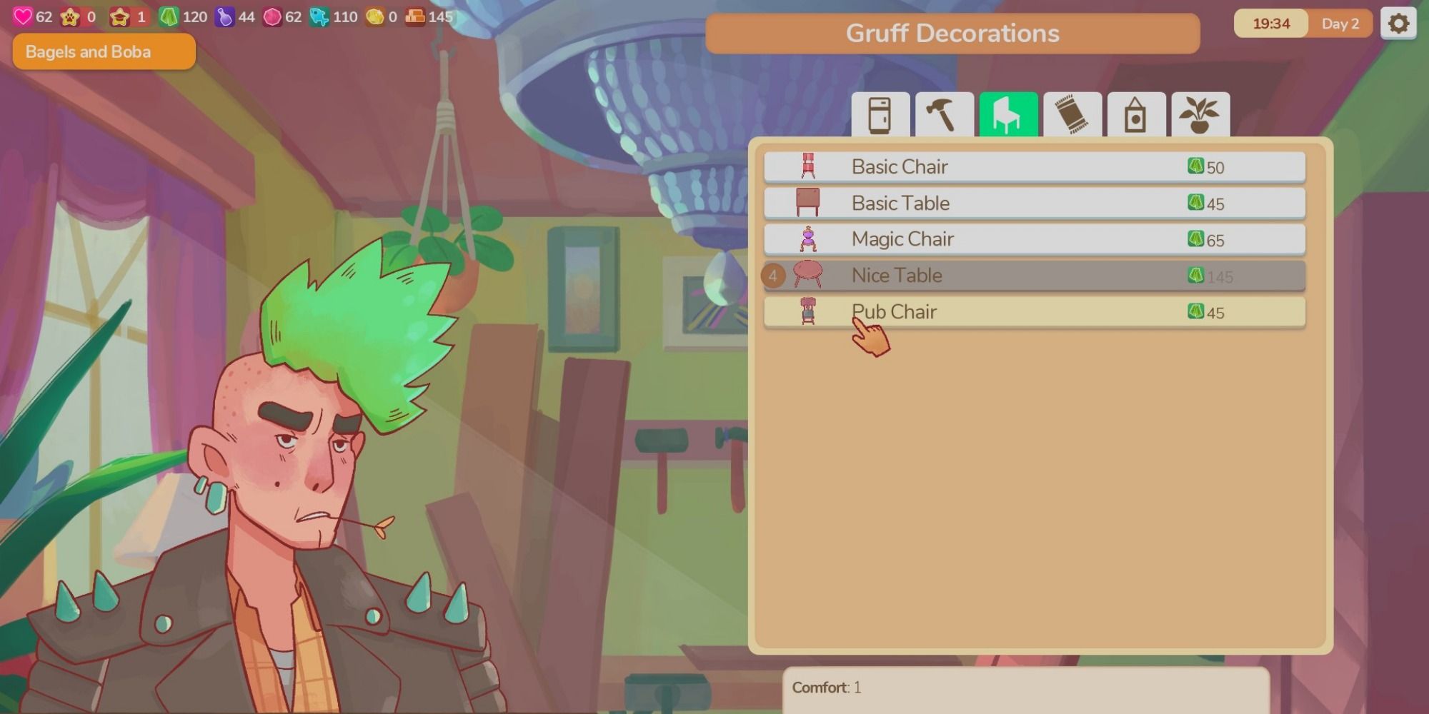 Arwel sitting at the counter of Gruff Decorations with buy menu to the right