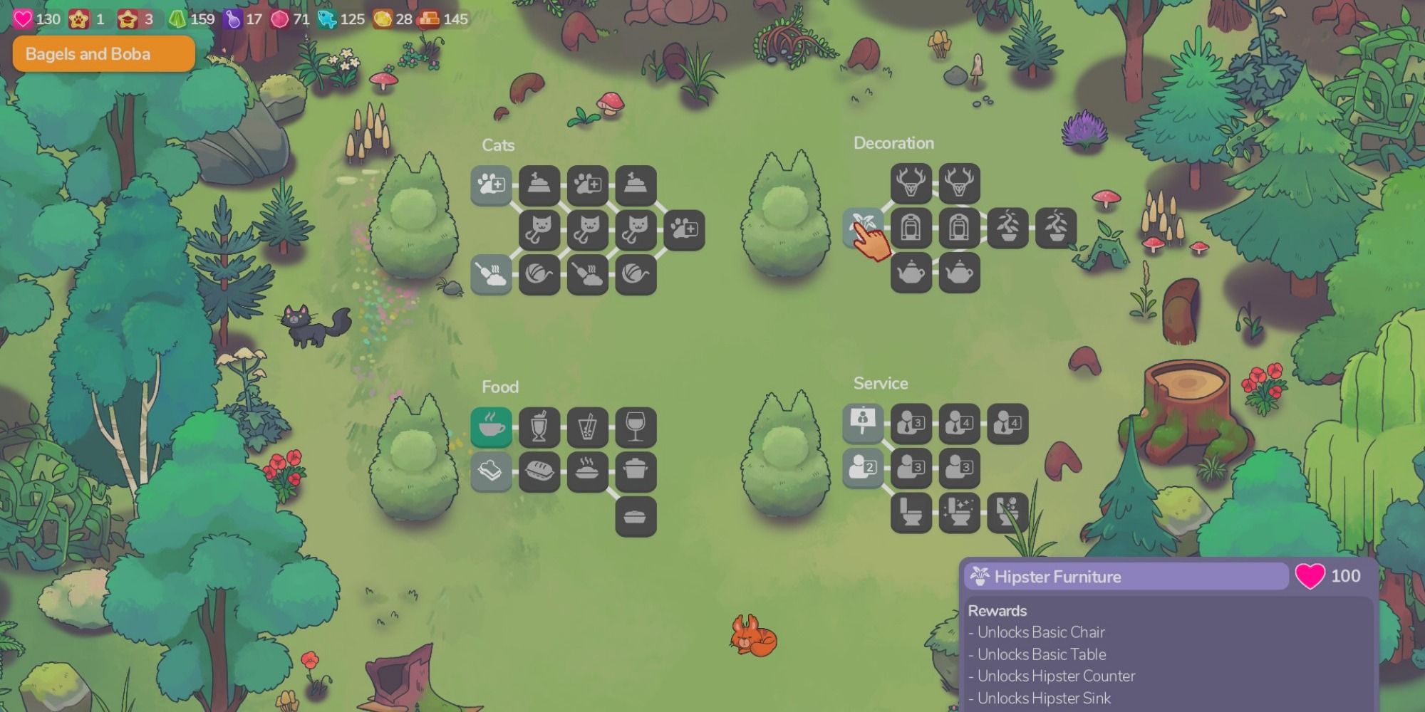 Skill tree menu overlaid on a forest glade with cat shaped bushes