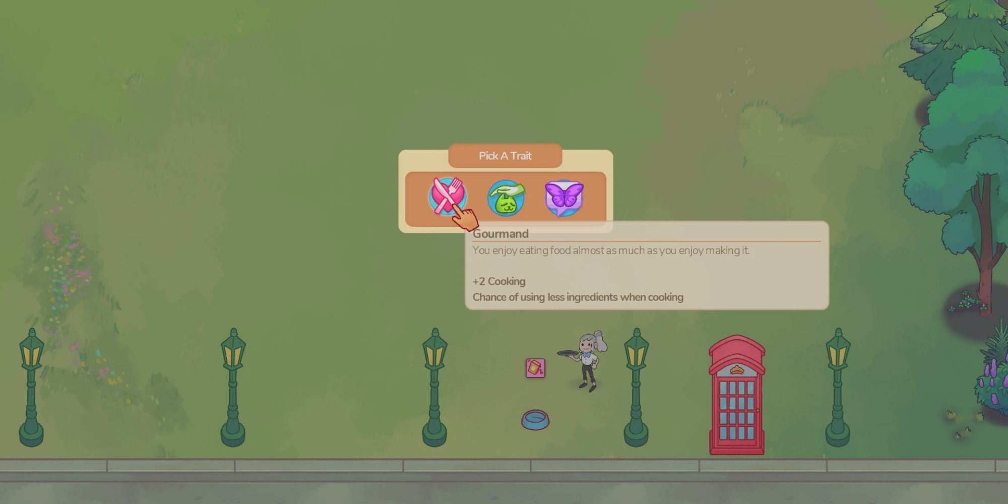 Pick a trait bubble appears above empty field with three choices