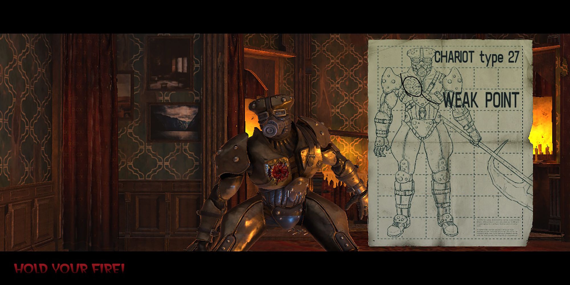 Introduction to the armored Chariot, along with his weak point diagram, in The House Of The Dead: Remake.
