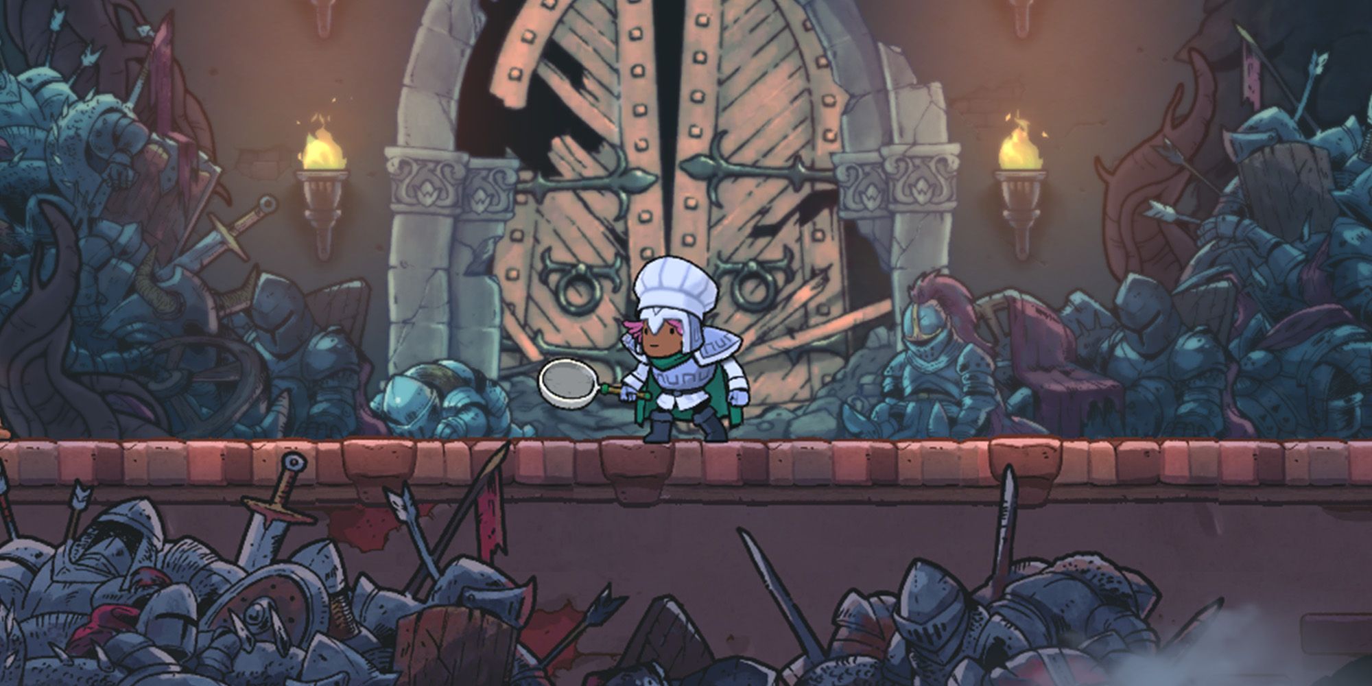 Rogue Legacy 2 screenshot of Chef standing in front of a broken boss door
