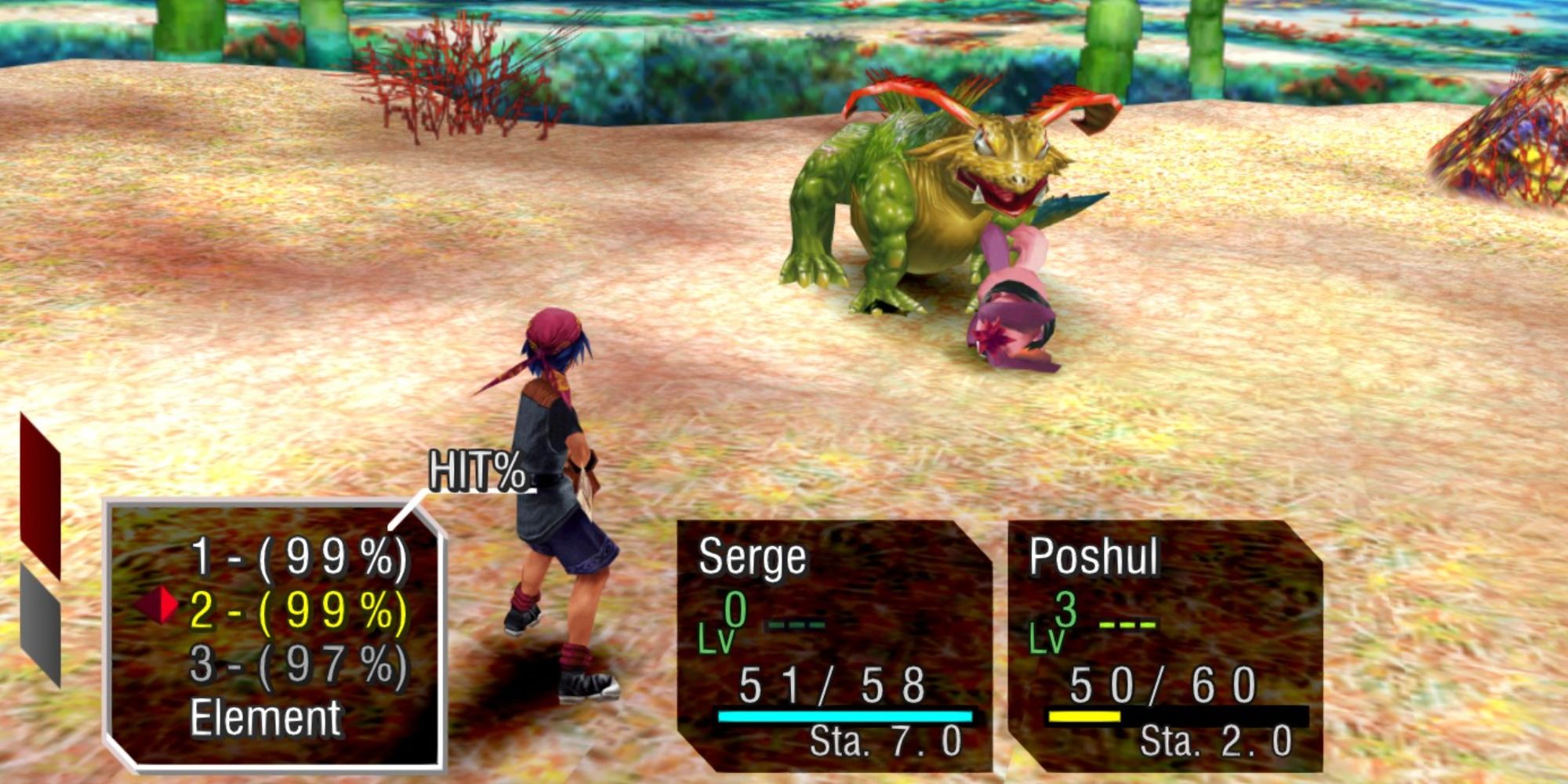 Chrono Cross Serge and Poshul fighting the Mama Komodo