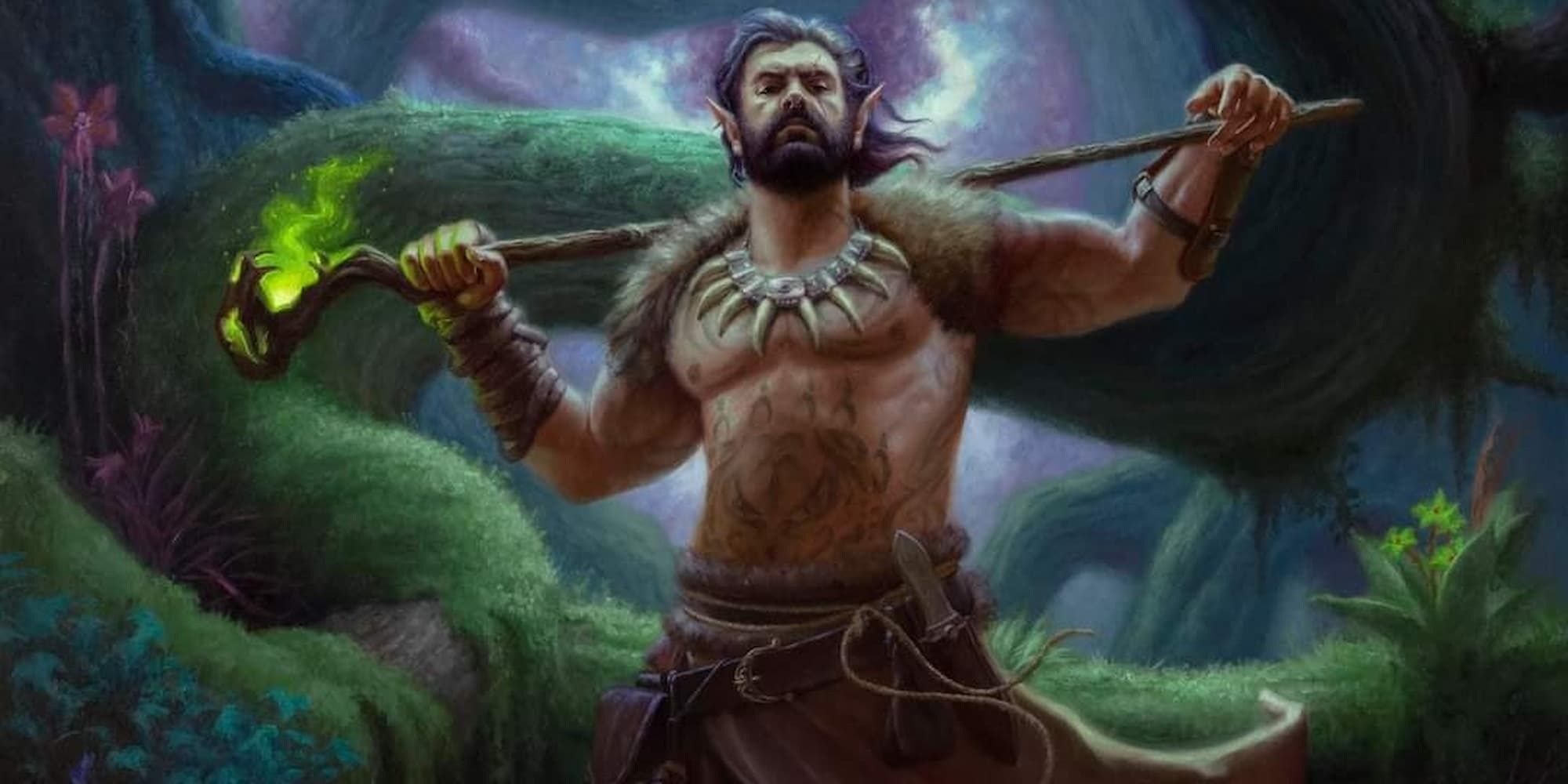 A shirtless male elf druid holding a snake-headed staff behind him
