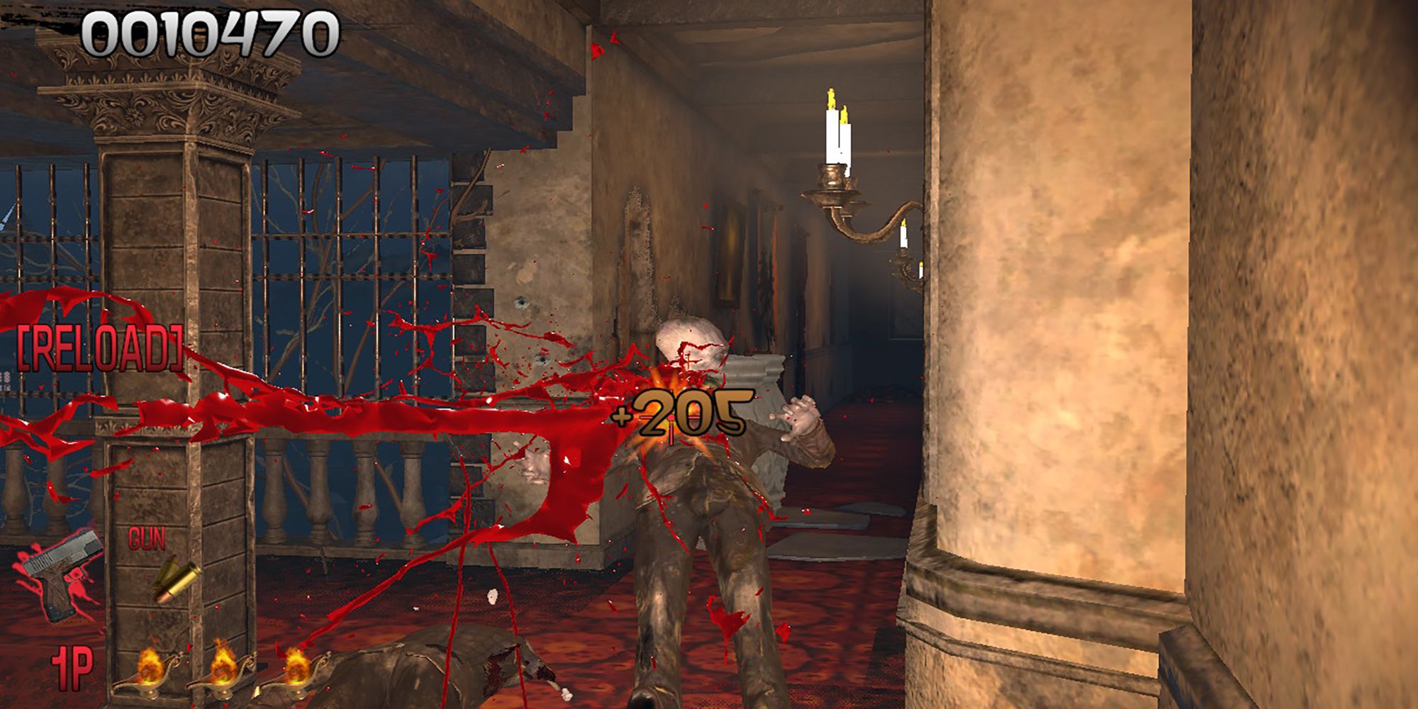 The player earns 205 points for nailing a headshot in a Classic scoring campaign of The House Of The Dead: Remake.