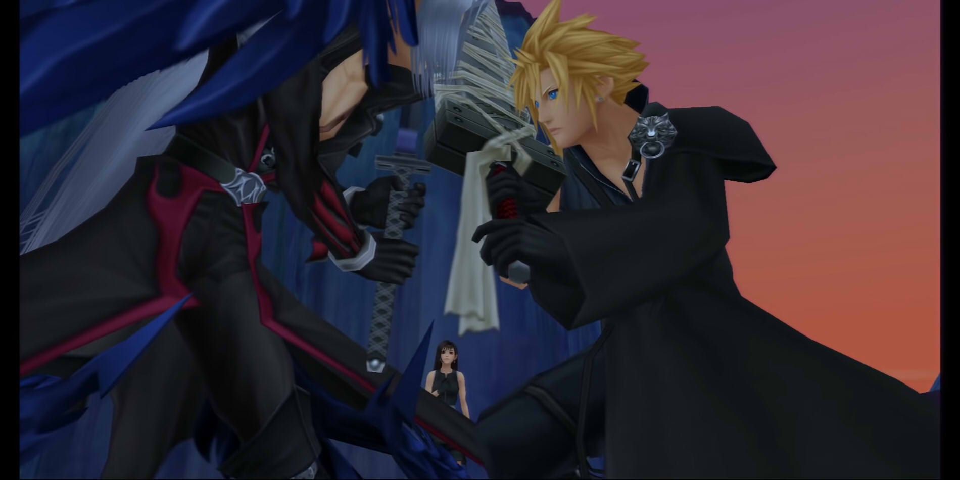 Cloud and Sephiroth battle while Tifa cheers Cloud to defeat his demons