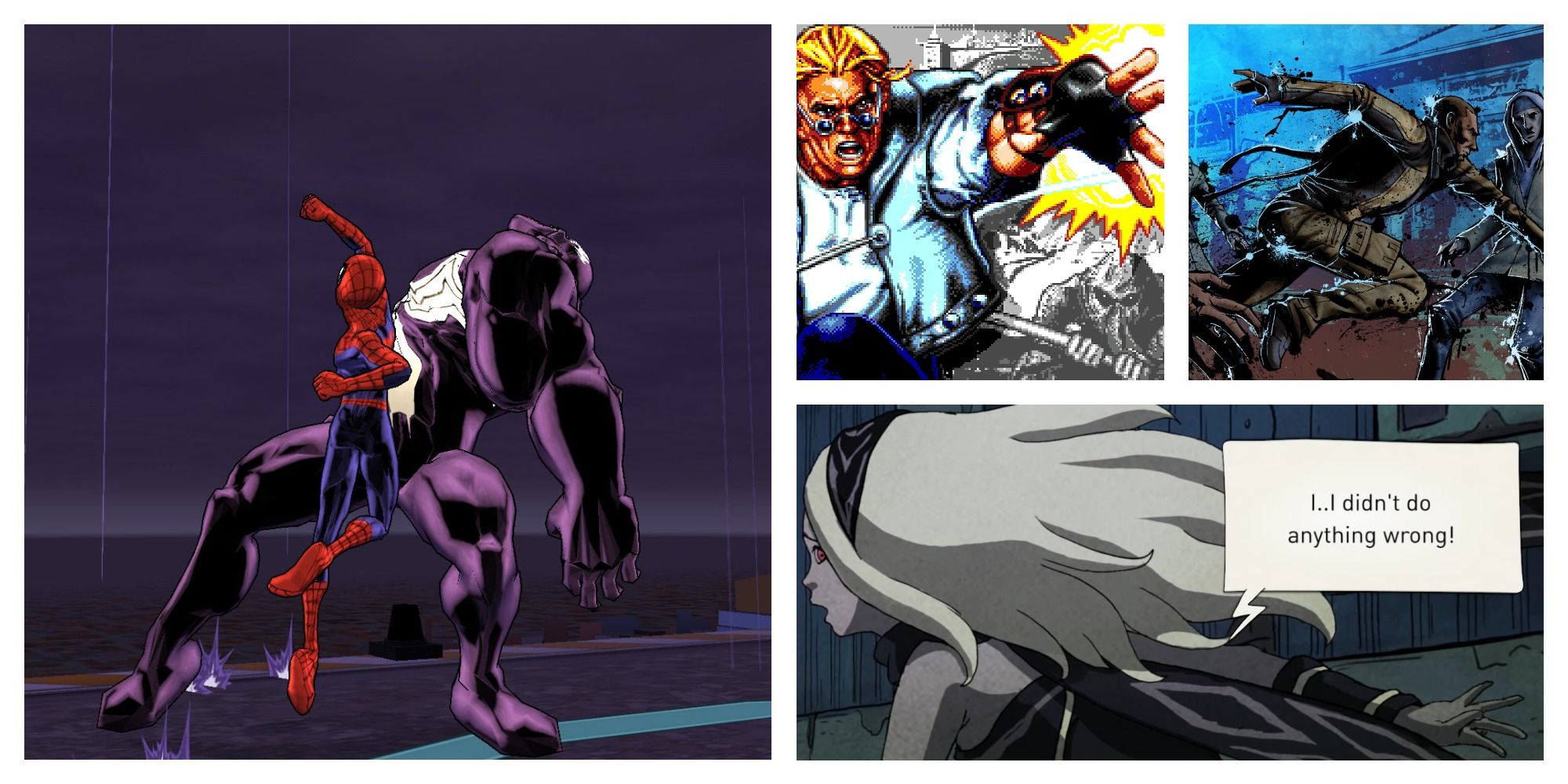 Comic style game collage of Ultimate spider man, comix zone, infamous and gravity rush 2