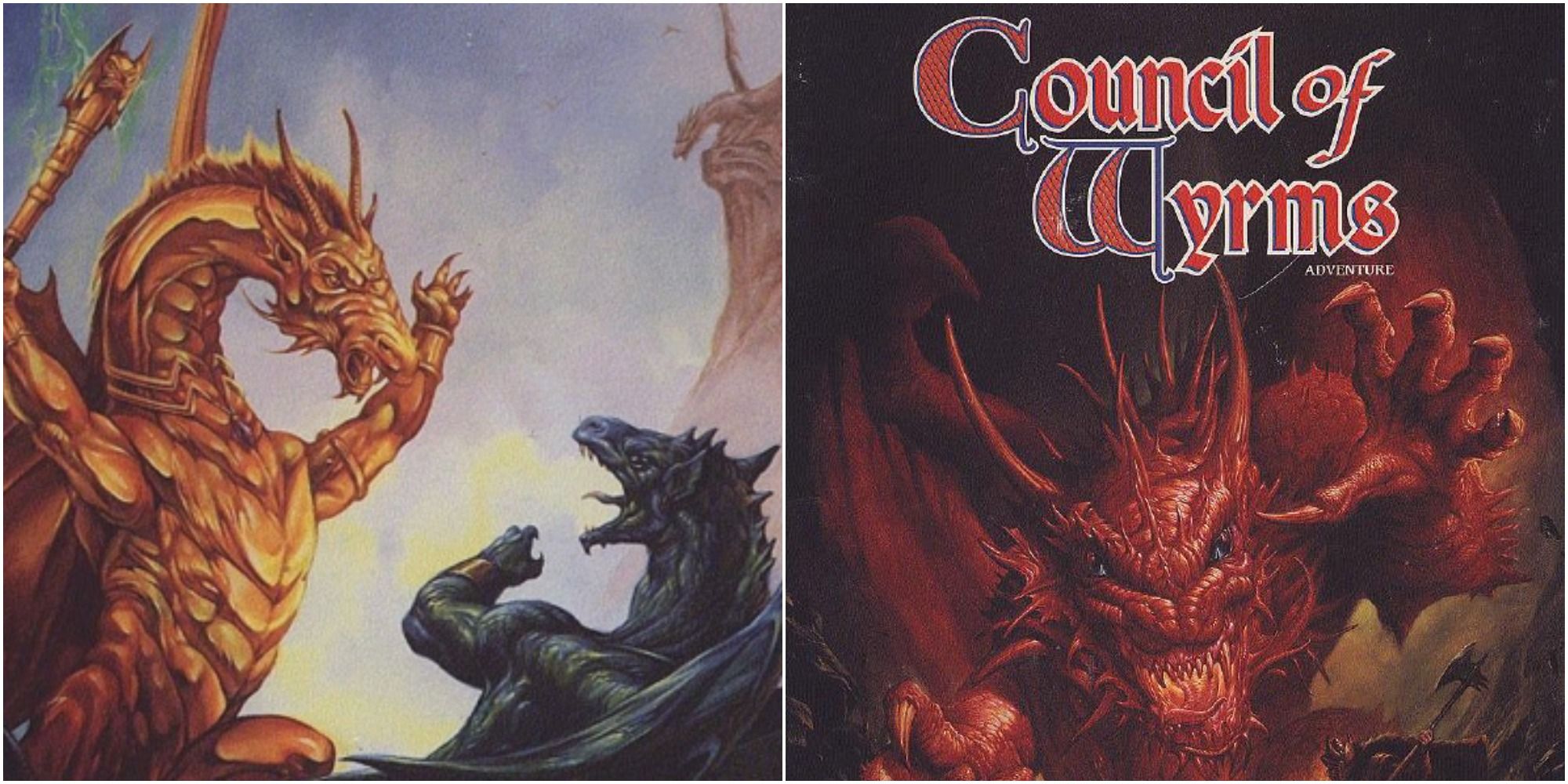 Split image two large draconic creatures clashing and cover of Council Of Wyrms rulebook D&D 
