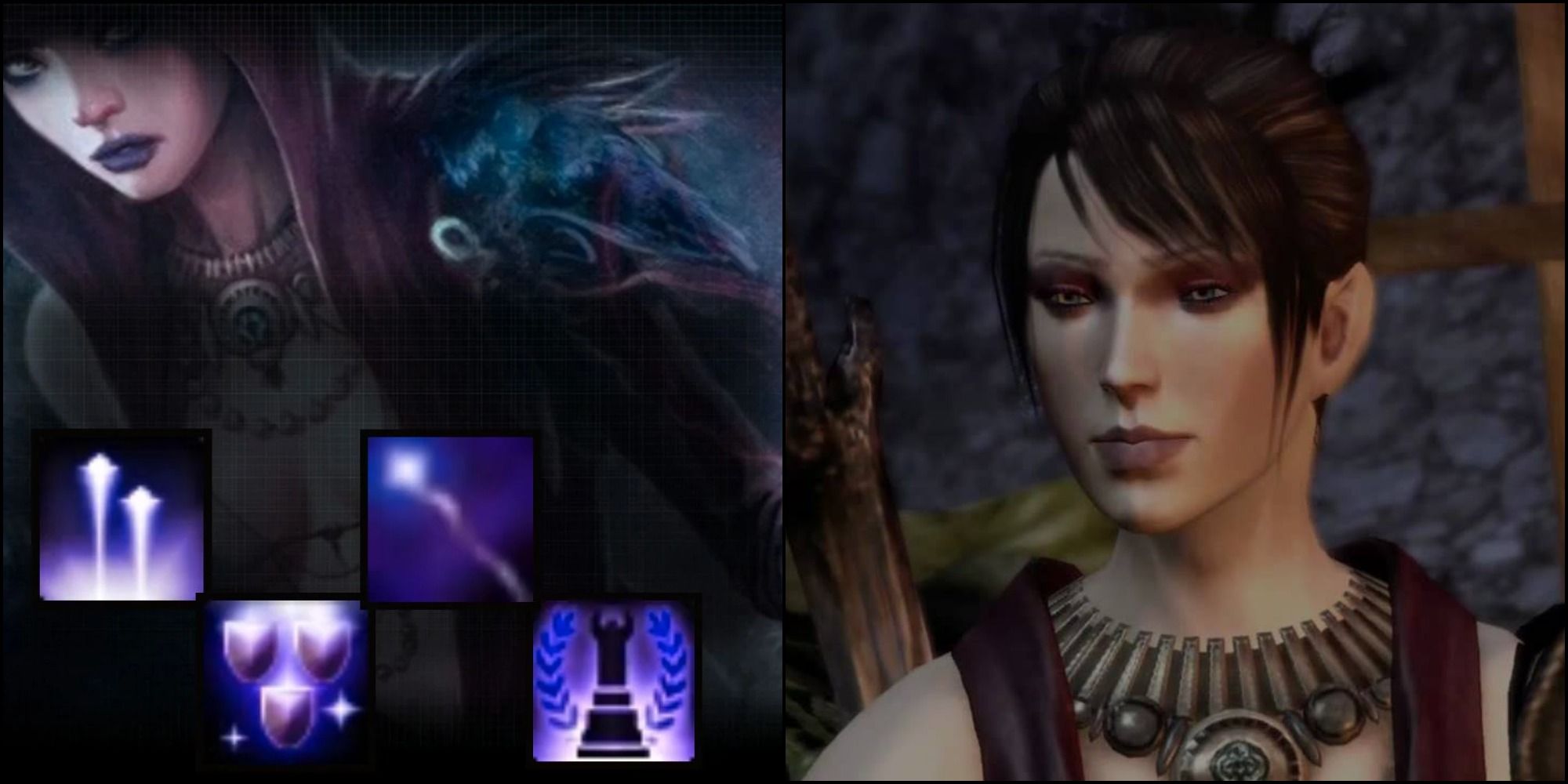 Split image showing mage skills on the left and the character Morrigan on the right.