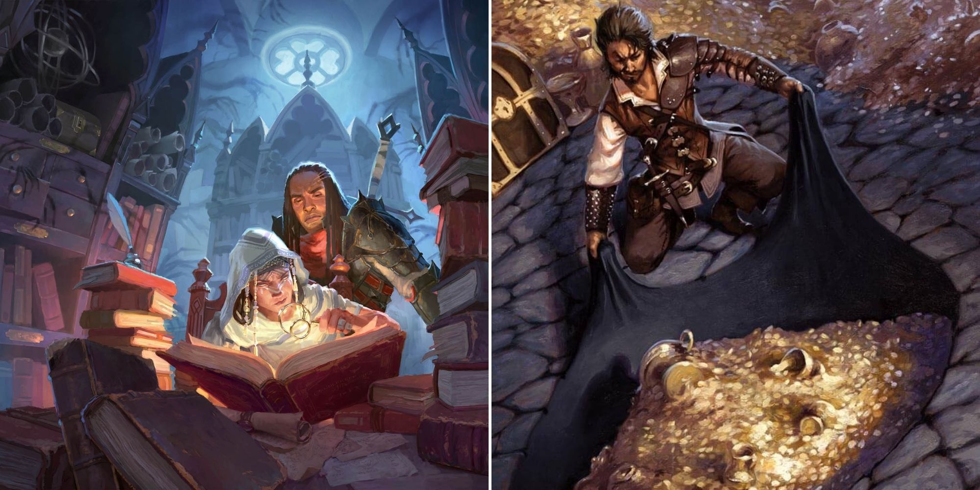 D&D Candlekeep Mysteries artwork of adventurers reading a book in Candlekeep and an adventurer using a portable hole to steal gold
