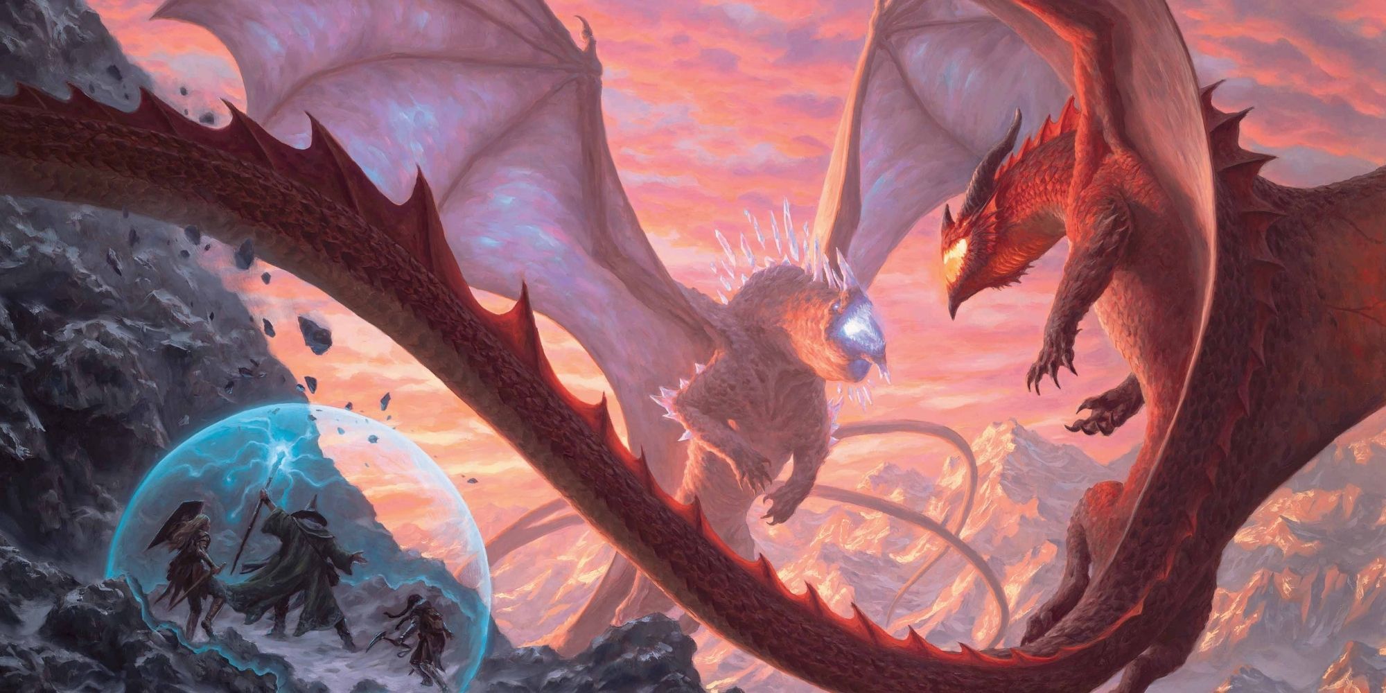 D&D Fizban's Tresury Of Dragons Cover Art of a wizard casting a shield as two dragons fight above the party