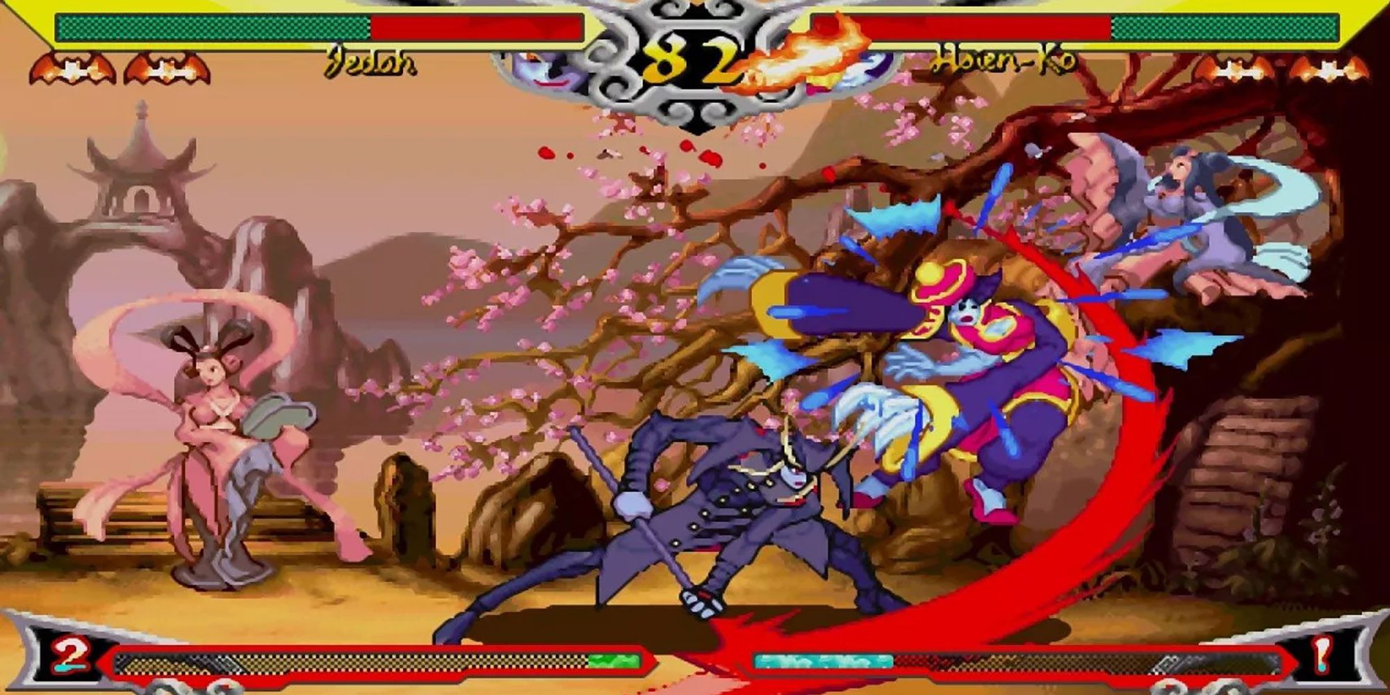 Jedah strikes Hsien-Ko with his scythe near a cherry blossom tree in Darkstalkers Chronicles: The Chaos Tower.