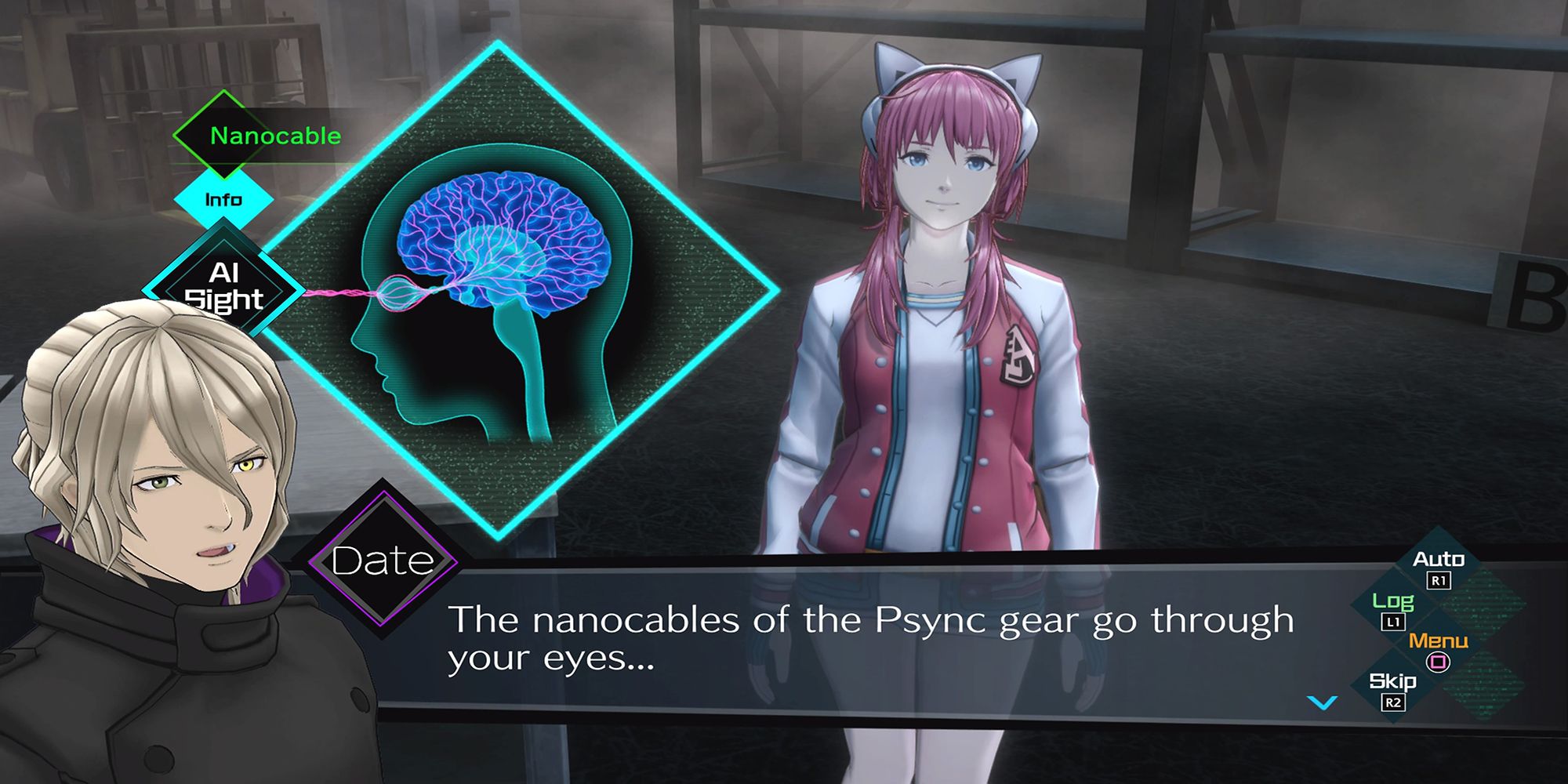 Date explains how the Psync subconscious investigation technology works to Iris. AI: The Somnium Files.