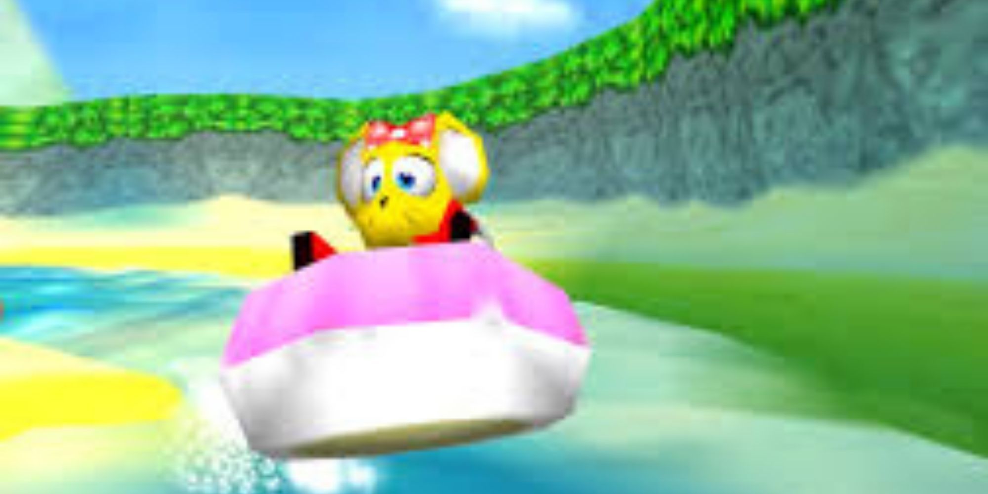 Diddy Kong Racing Pipsy Rides Her Hovercraft In A Small Stream Outside