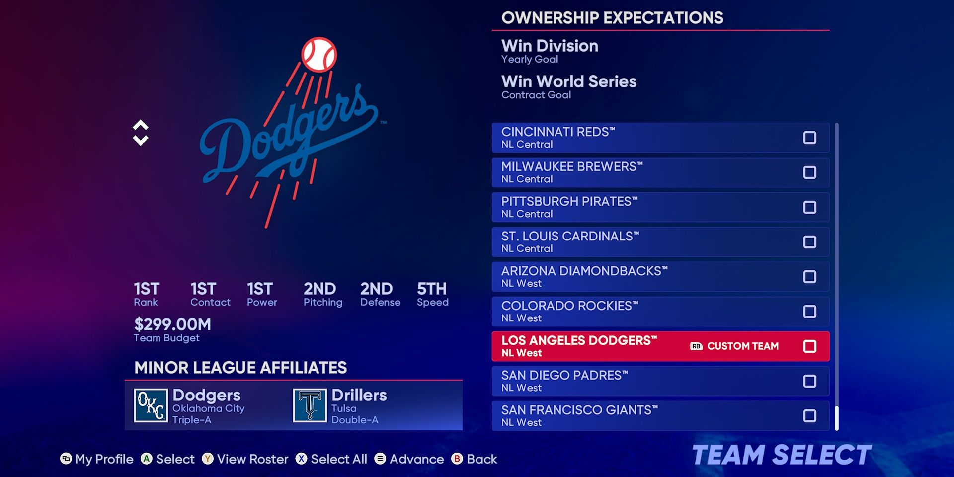 LA Dodgers Franchise Mode Team Select