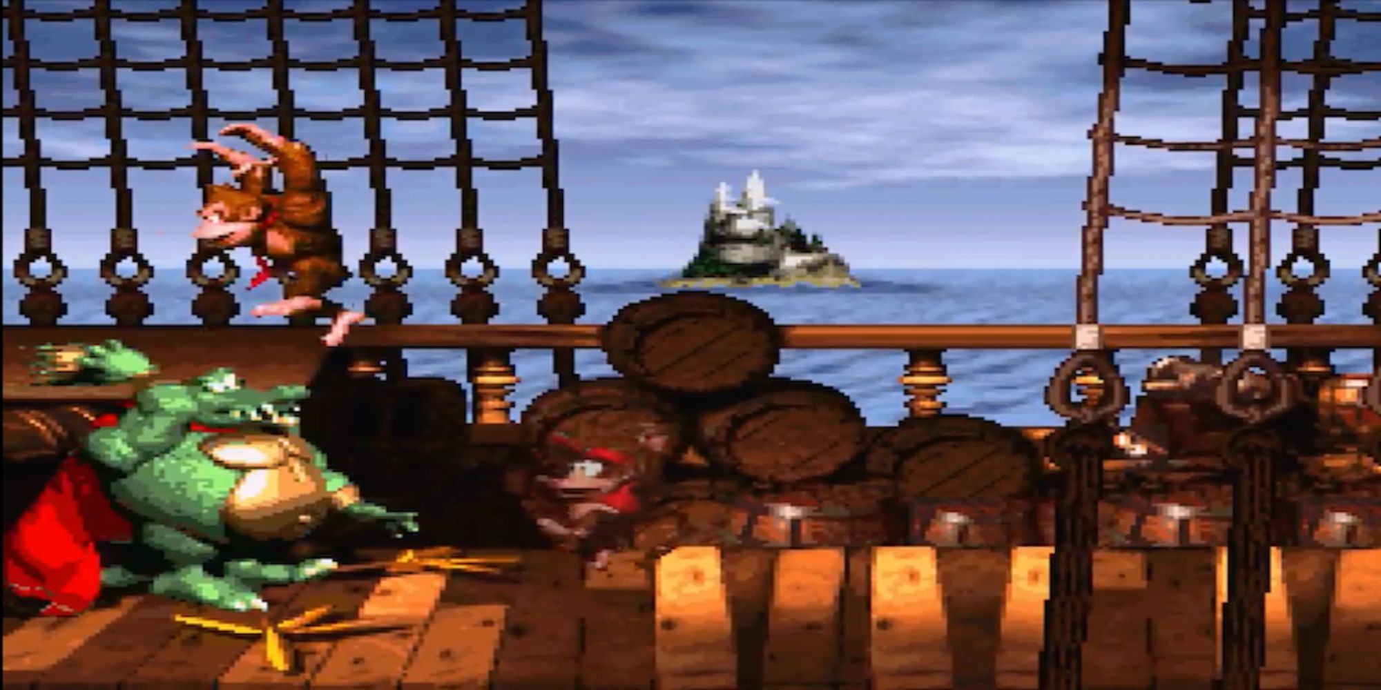 Donkey Kong Country Gangplank Galleon shows Donkey and Diddy Kong fighting King K Rool on a ship