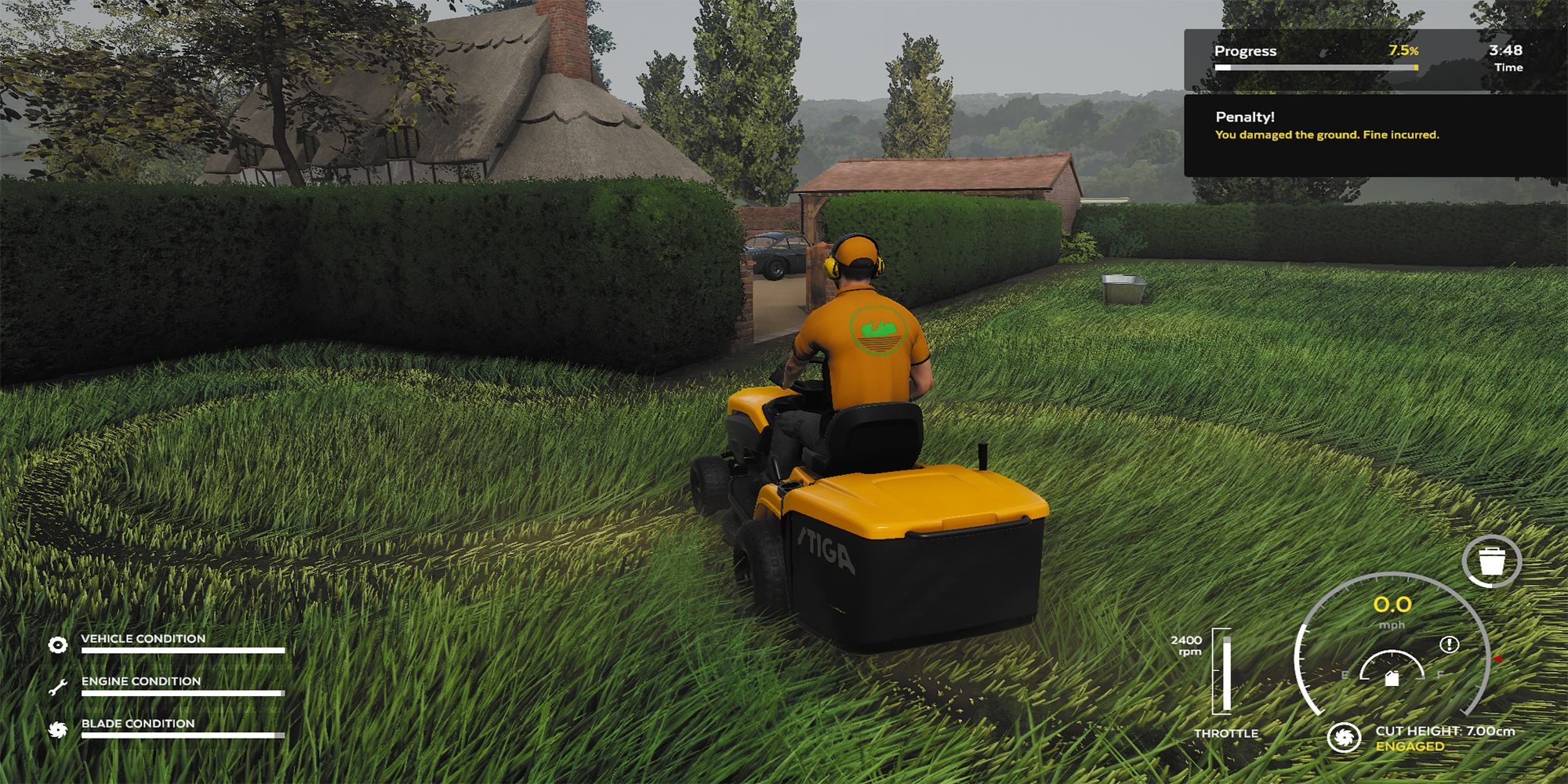 The employee drives donuts and ruins the grass of the Paddock of Old Nook Cottage. Lawn Mowing Simulator.