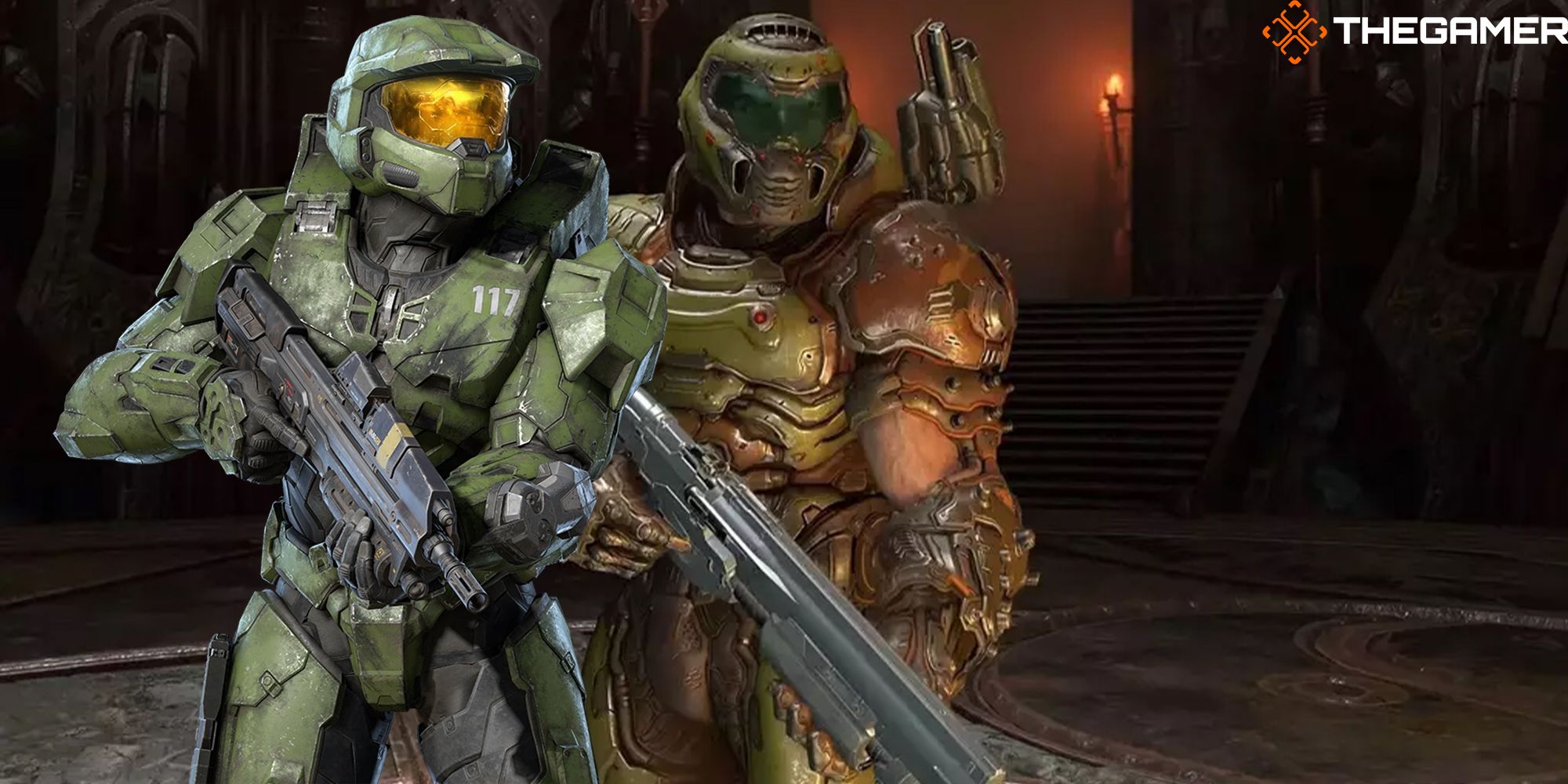 Masterchief and Doomguy enter a dark hellscape in the Doom X Halo Multiverse.