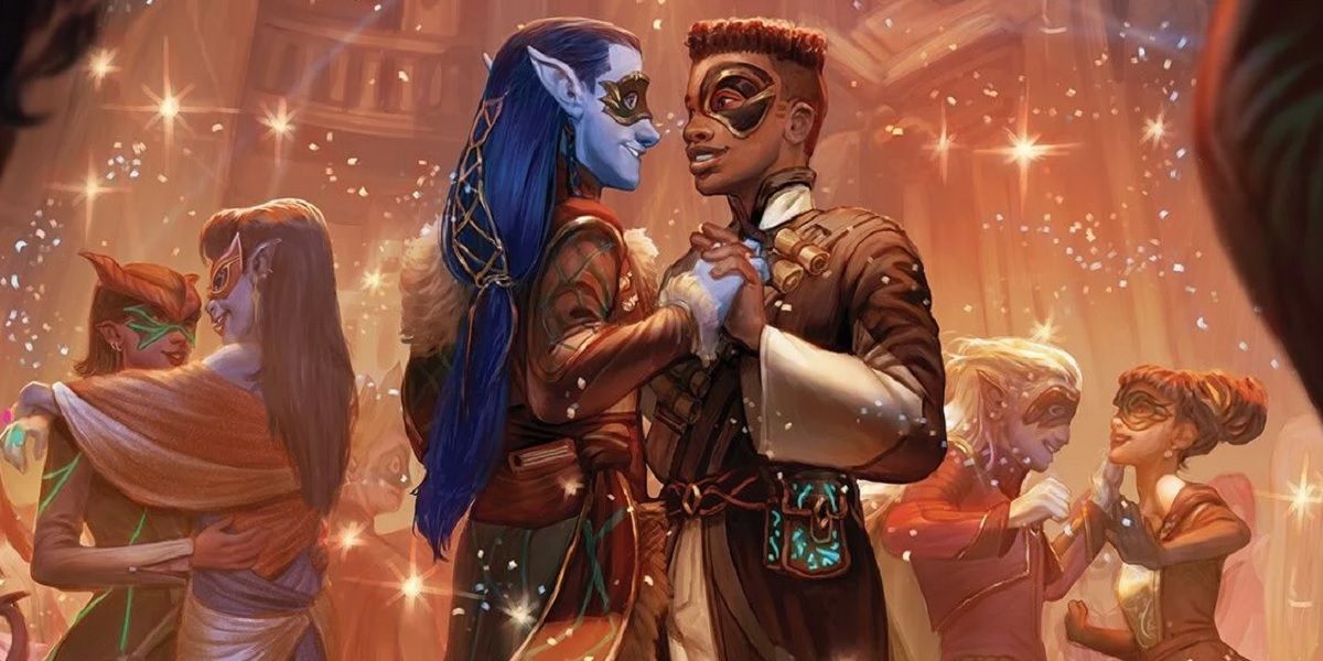 Dungeons & Dragons masquerade ball characters dancing together in masks