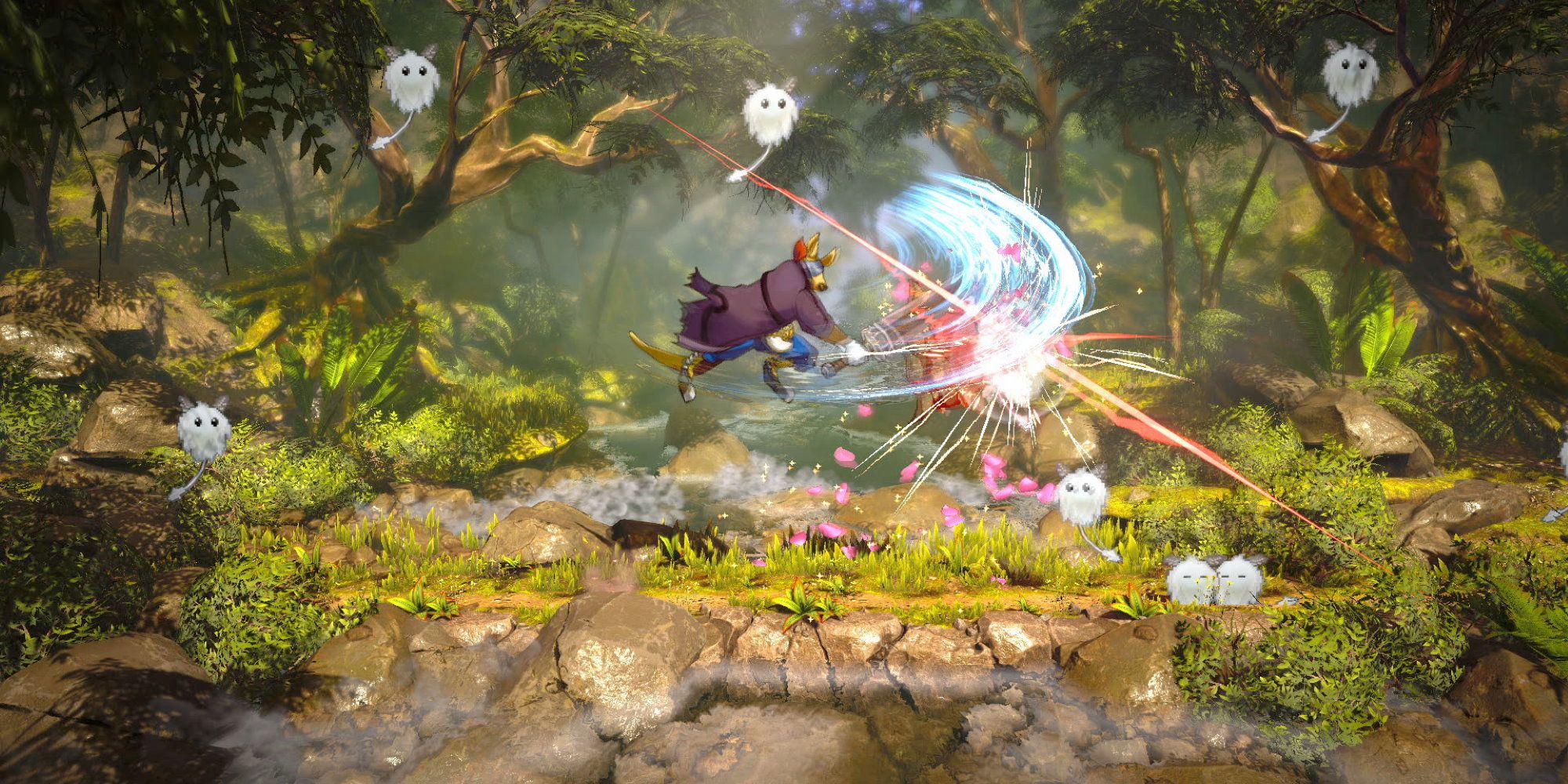 a wide shot of the character Garoo from Eiyuden Chronicle: Rising attacking an enemy from the air in a forest location