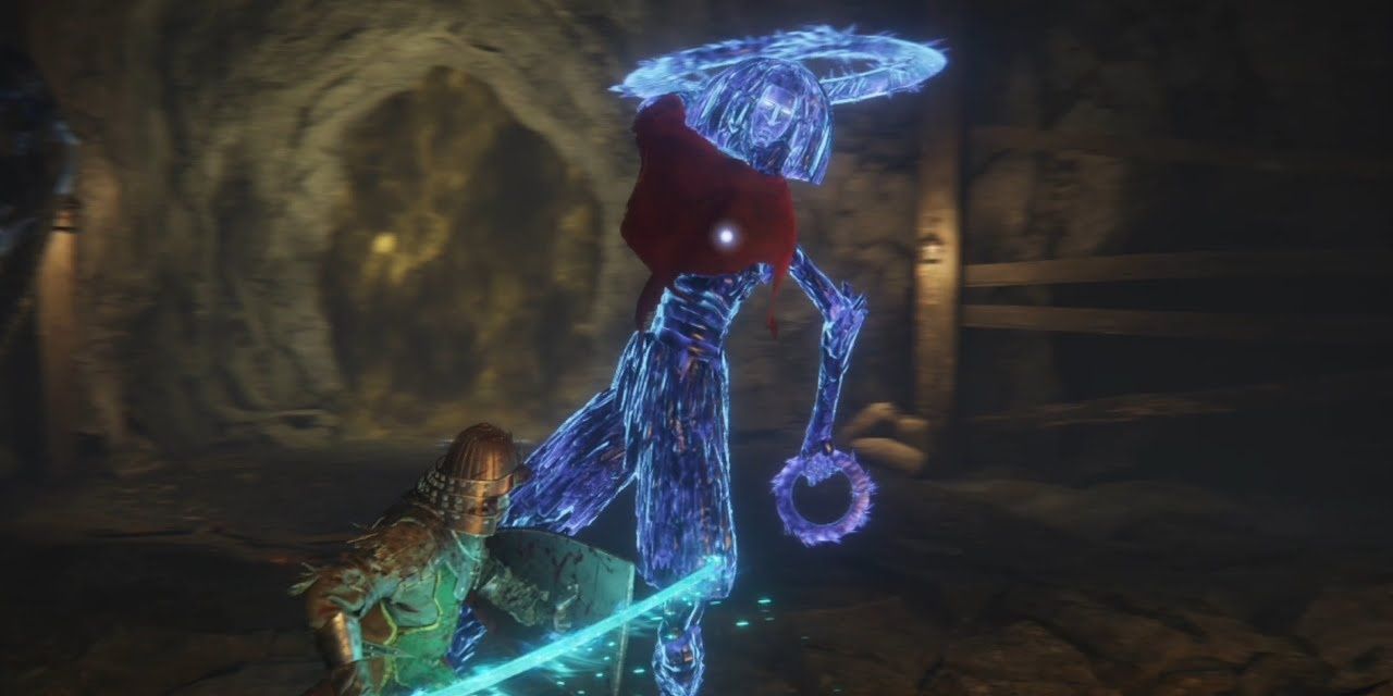 A crystalian with rings attacking a player with a magic sword and shield