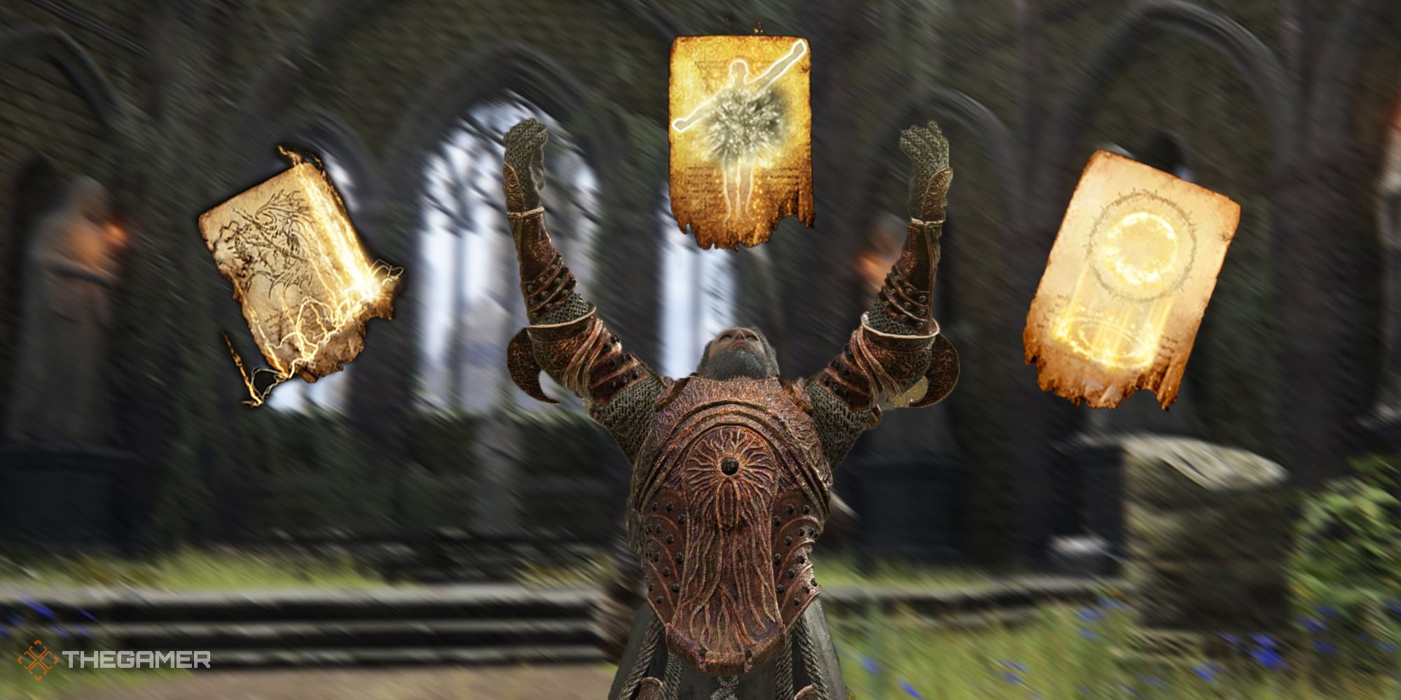 A Tarnished cheers while surrounded with Incantations in Elden Ring.