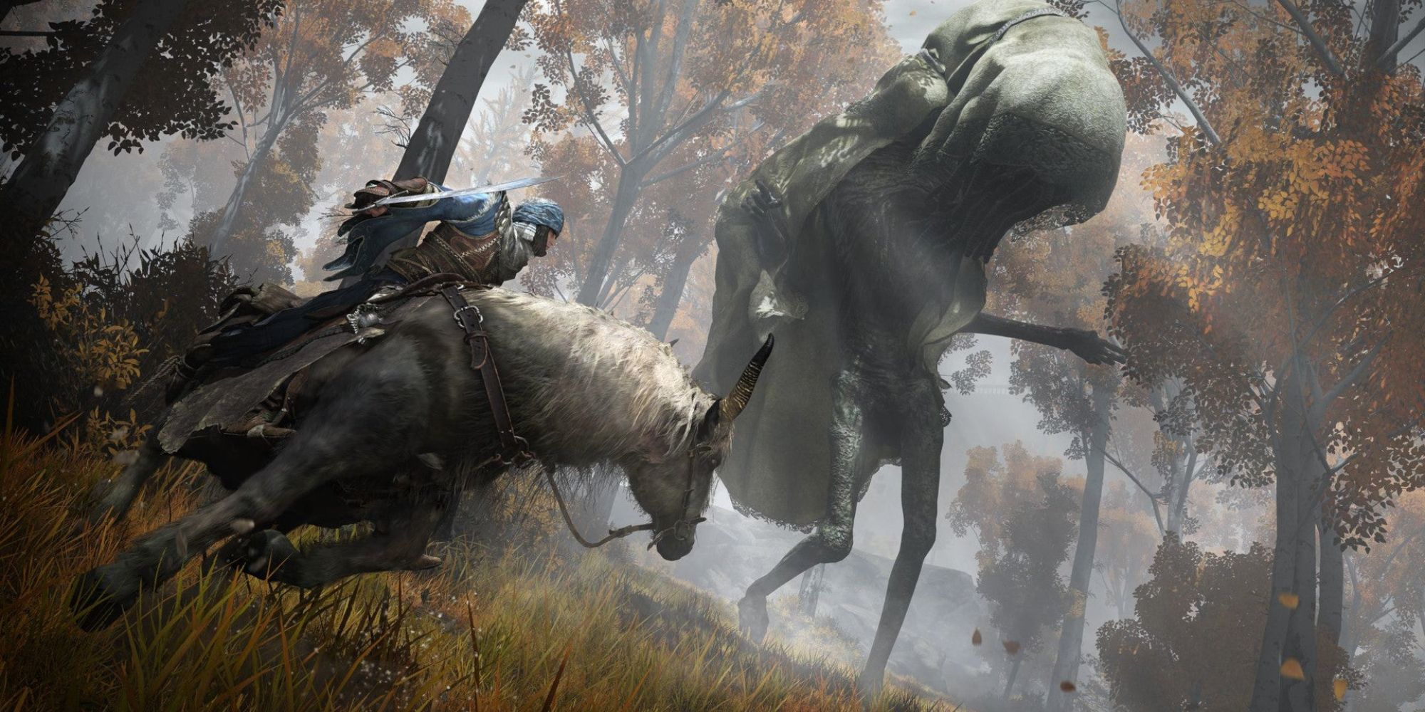 Elden Ring character on a horse attacking an enemy