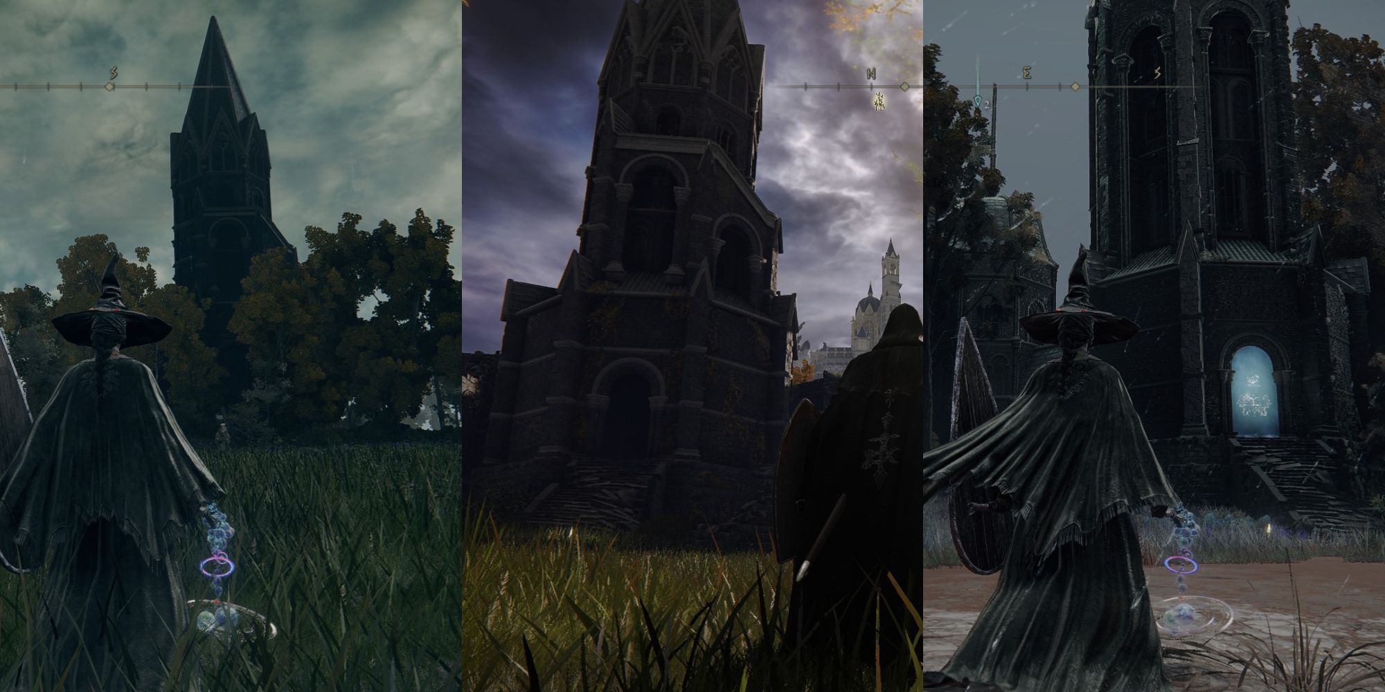 A collage showing three different memory stone towers in Elden Ring.