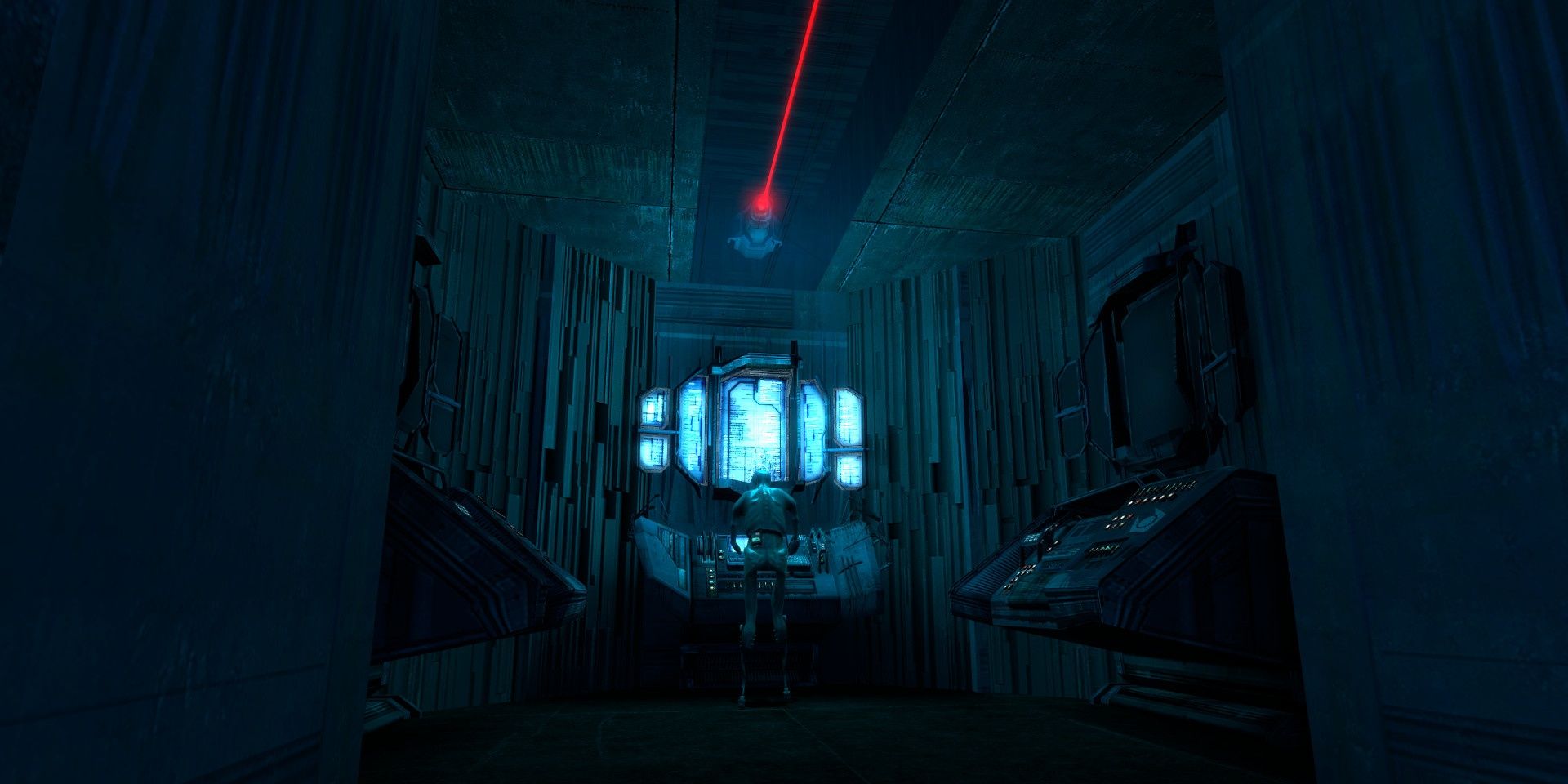 A dark surveillance room in the Entropy: Zero Half-Life 2 mod
